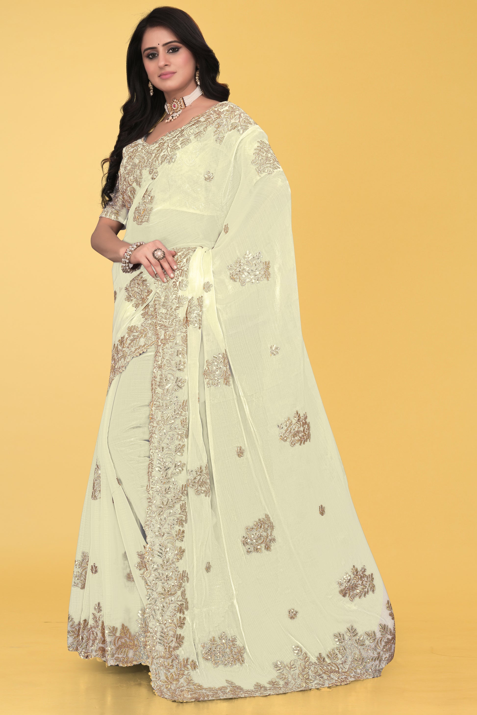 Floral Embroidered Saree with Intricate Leaf Motifs – Avirat Designer Studio