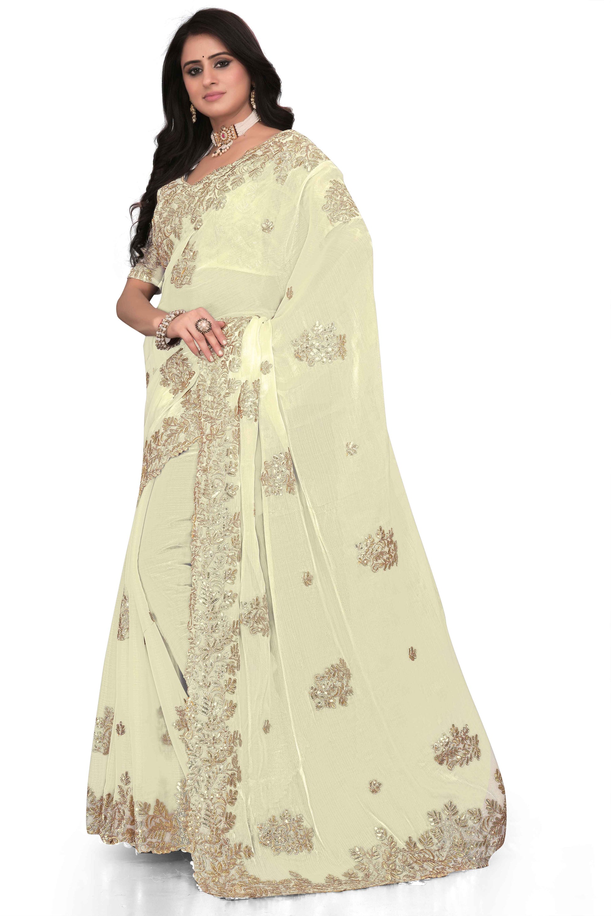 Shimmer Georgette Embroidered Saree with Designer Border - White