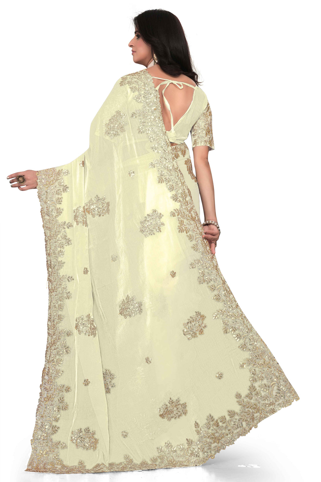 Shimmer Georgette Embroidered Saree with Designer Border - White