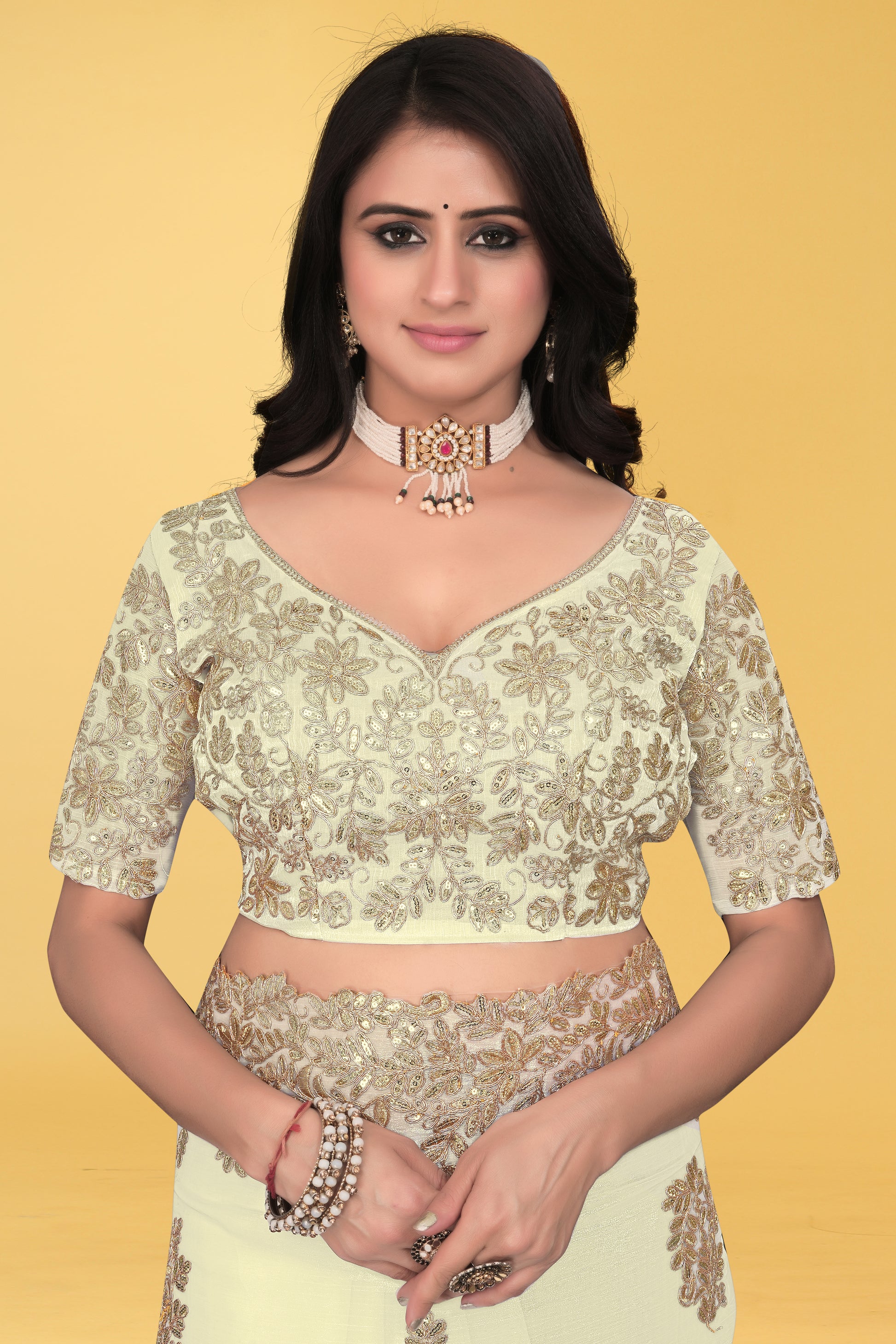 Floral Embroidered Saree with Intricate Leaf Motifs – Avirat Designer Studio