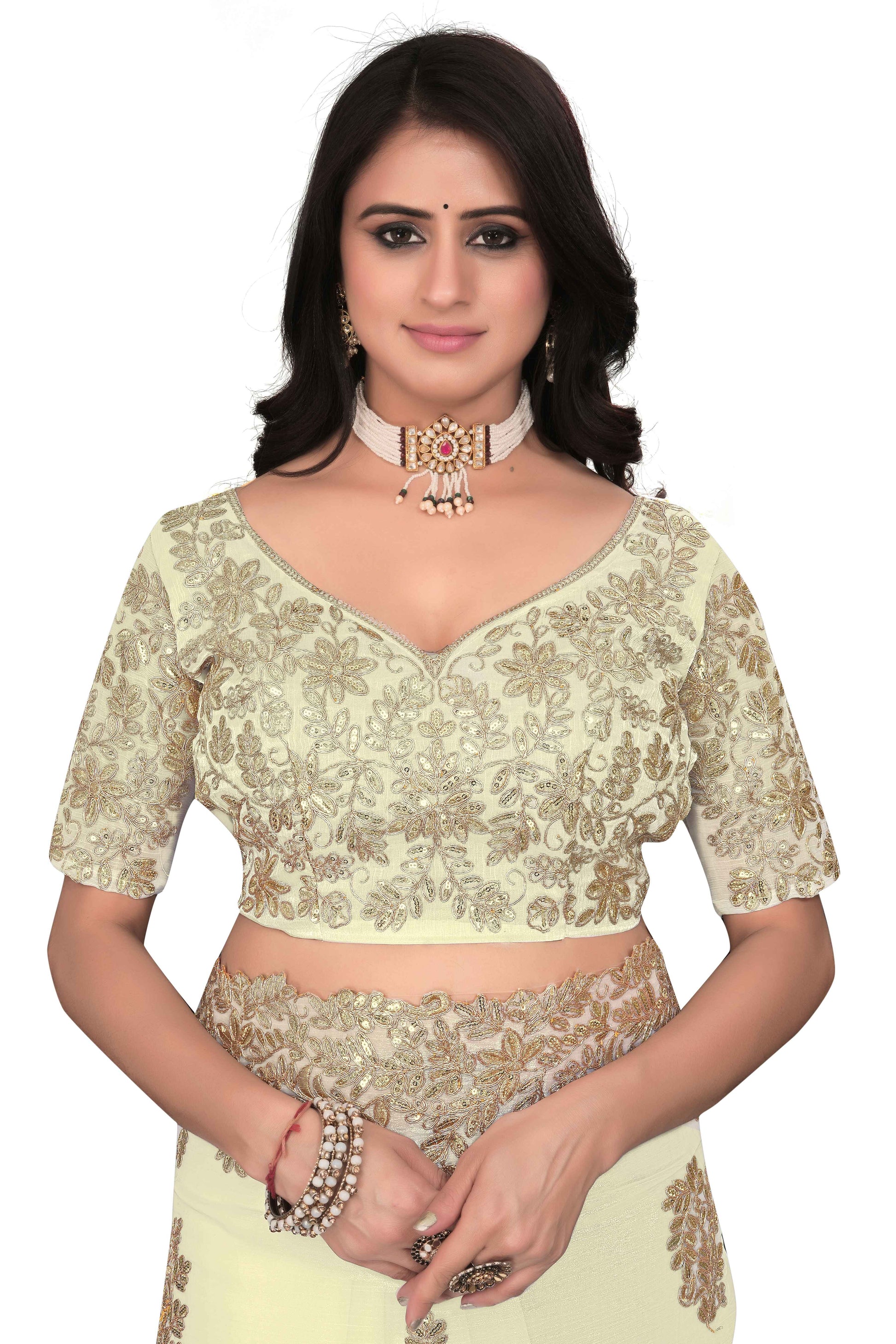 Shimmer Georgette Embroidered Saree with Designer Border - White