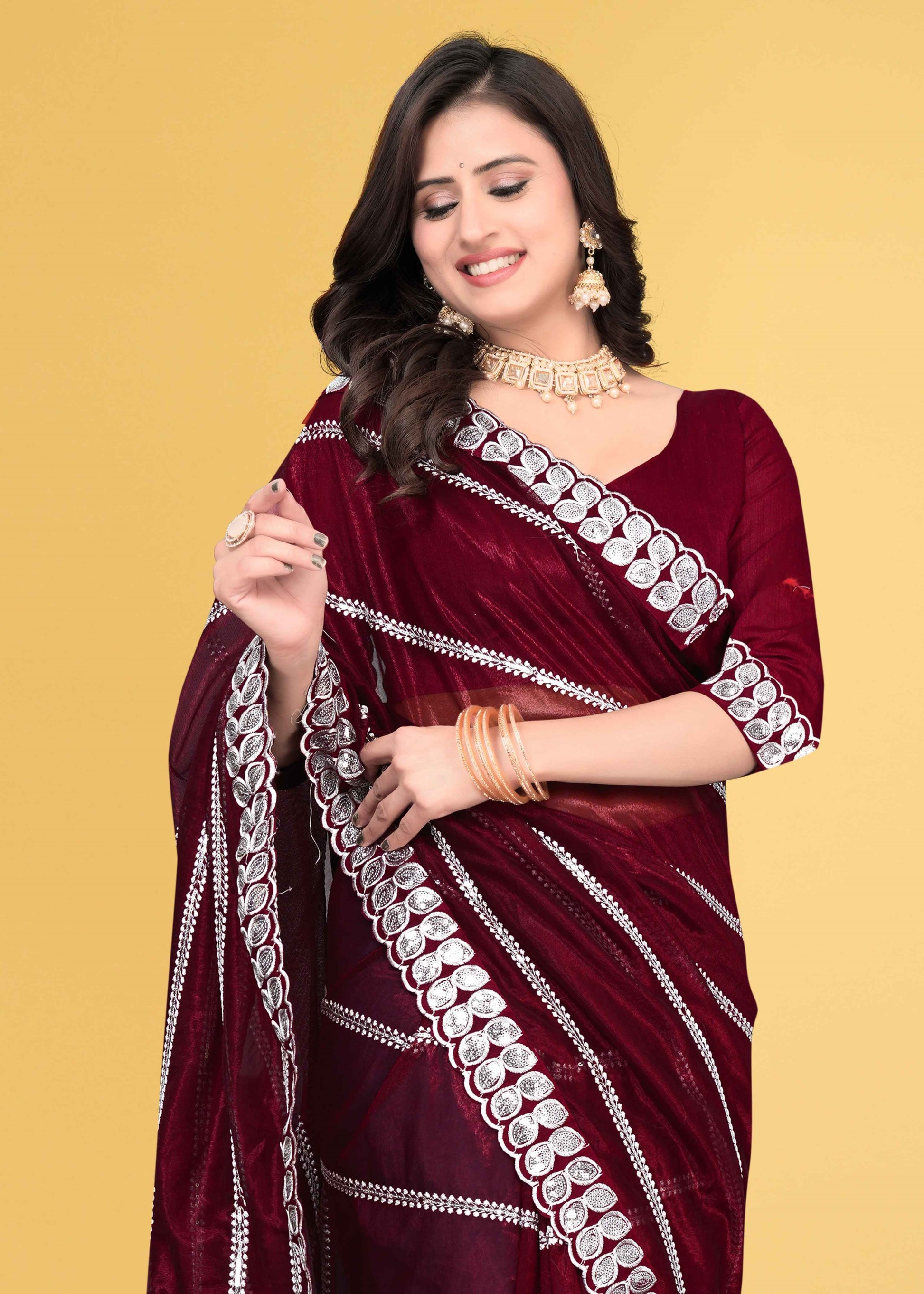 Stylish Lycra Blend Saree with Sequins & Lace Detailing – Avirat Designer Studio
