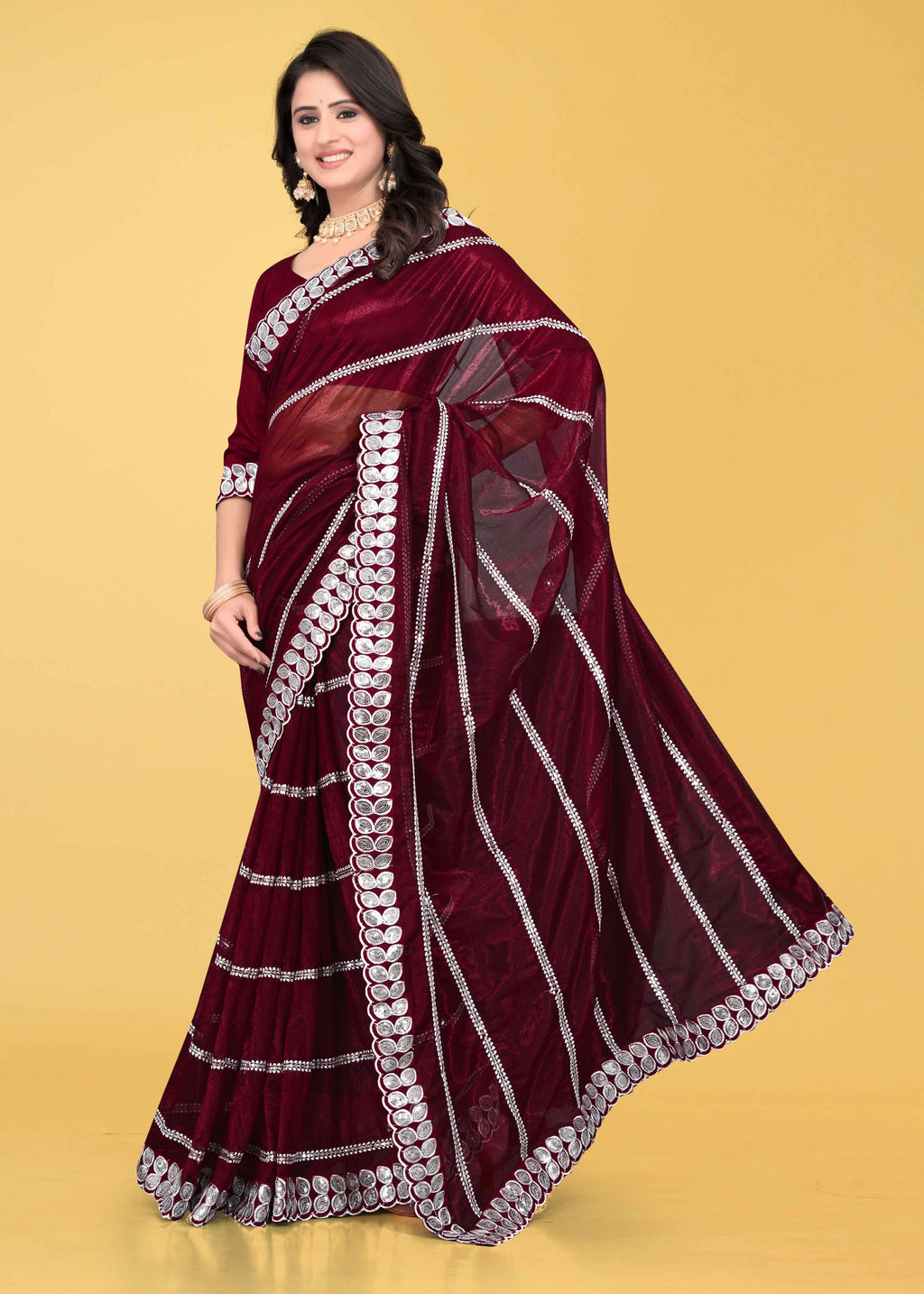 Stylish Lycra Blend Saree with Sequins & Lace Detailing – Avirat Designer Studio