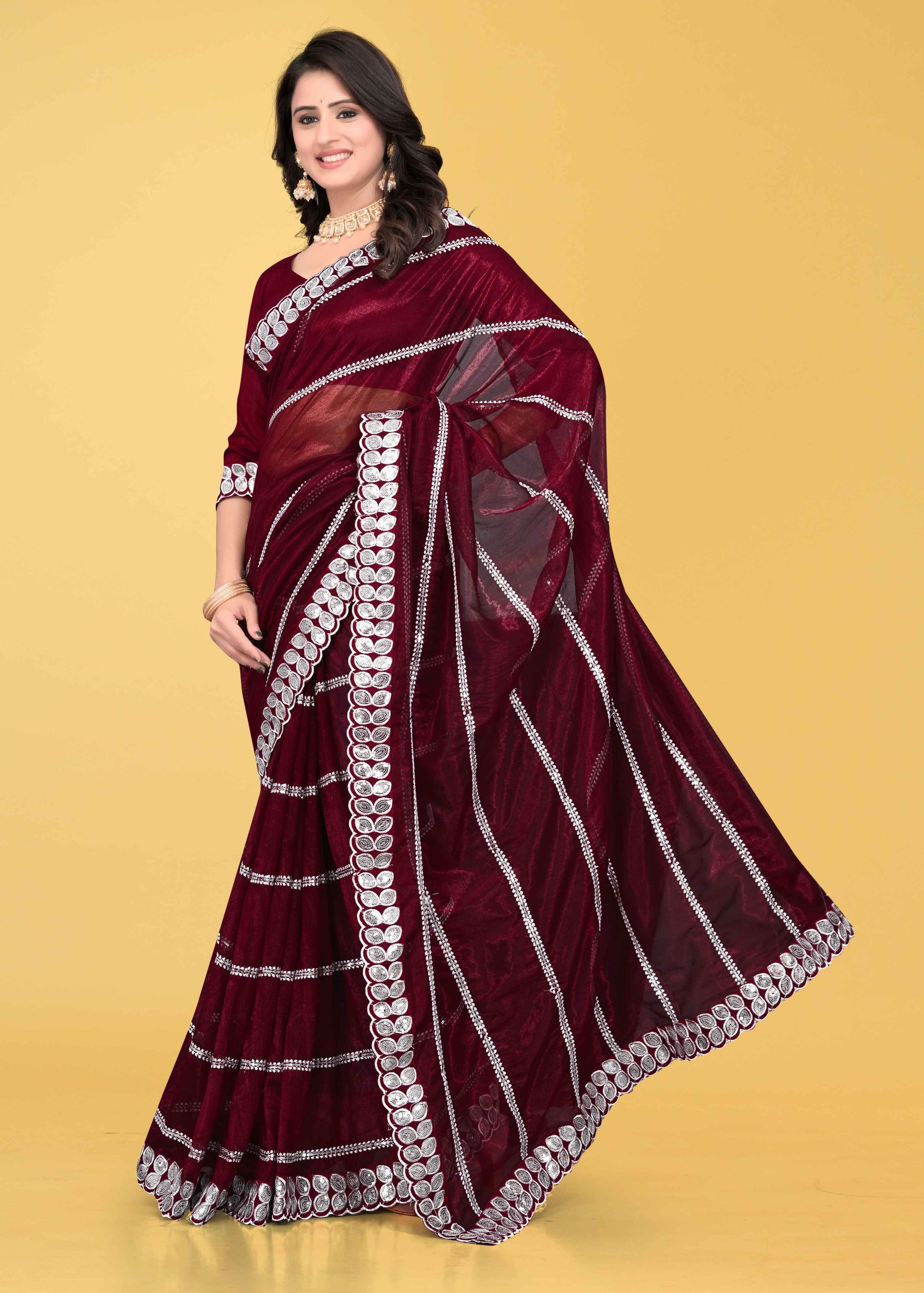 Stylish Lycra Blend Saree with Sequins & Lace Detailing – Avirat Designer Studio