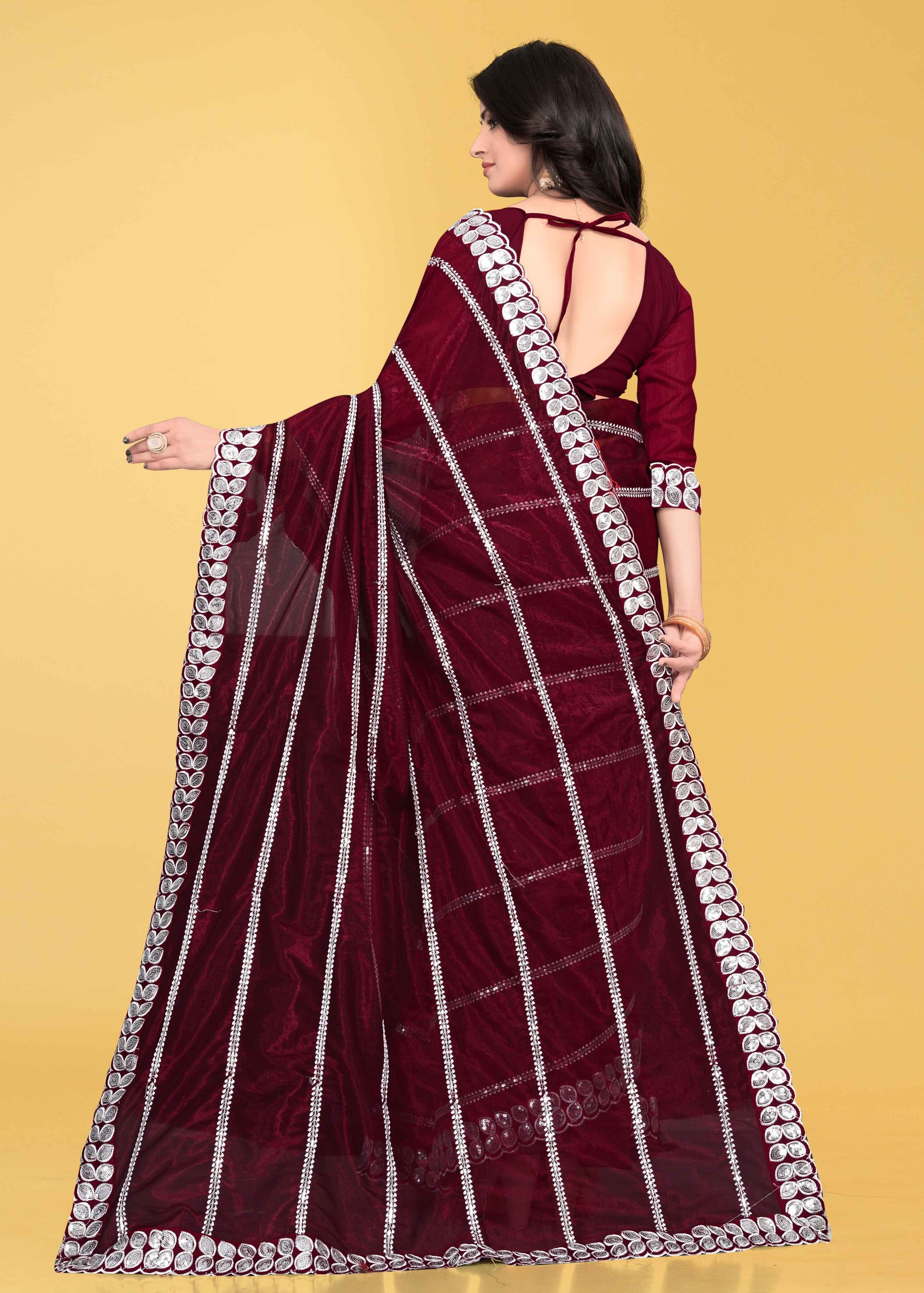 Stylish Lycra Blend Saree with Sequins & Lace Detailing – Avirat Designer Studio