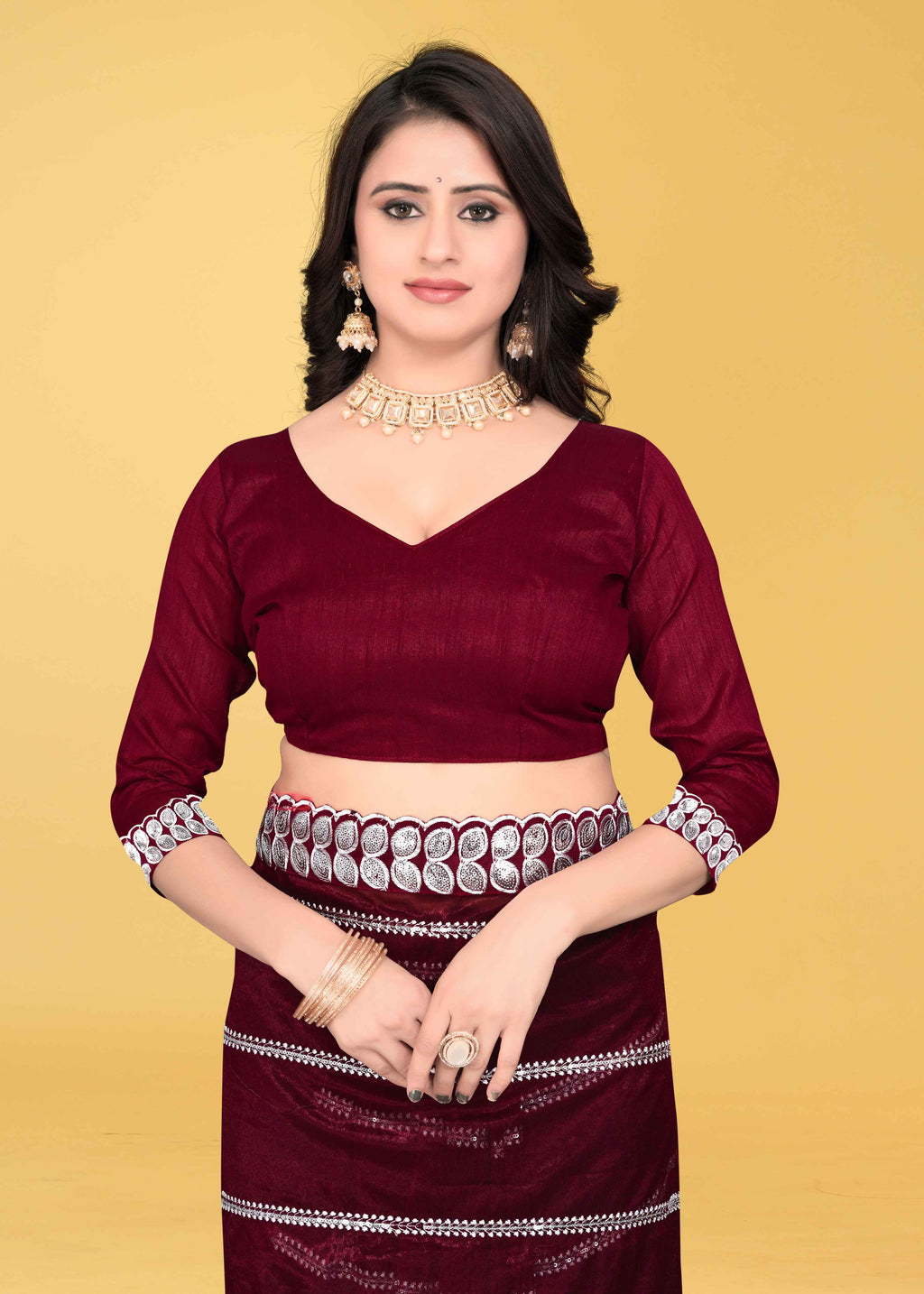 Stylish Lycra Blend Saree with Sequins & Lace Detailing – Avirat Designer Studio