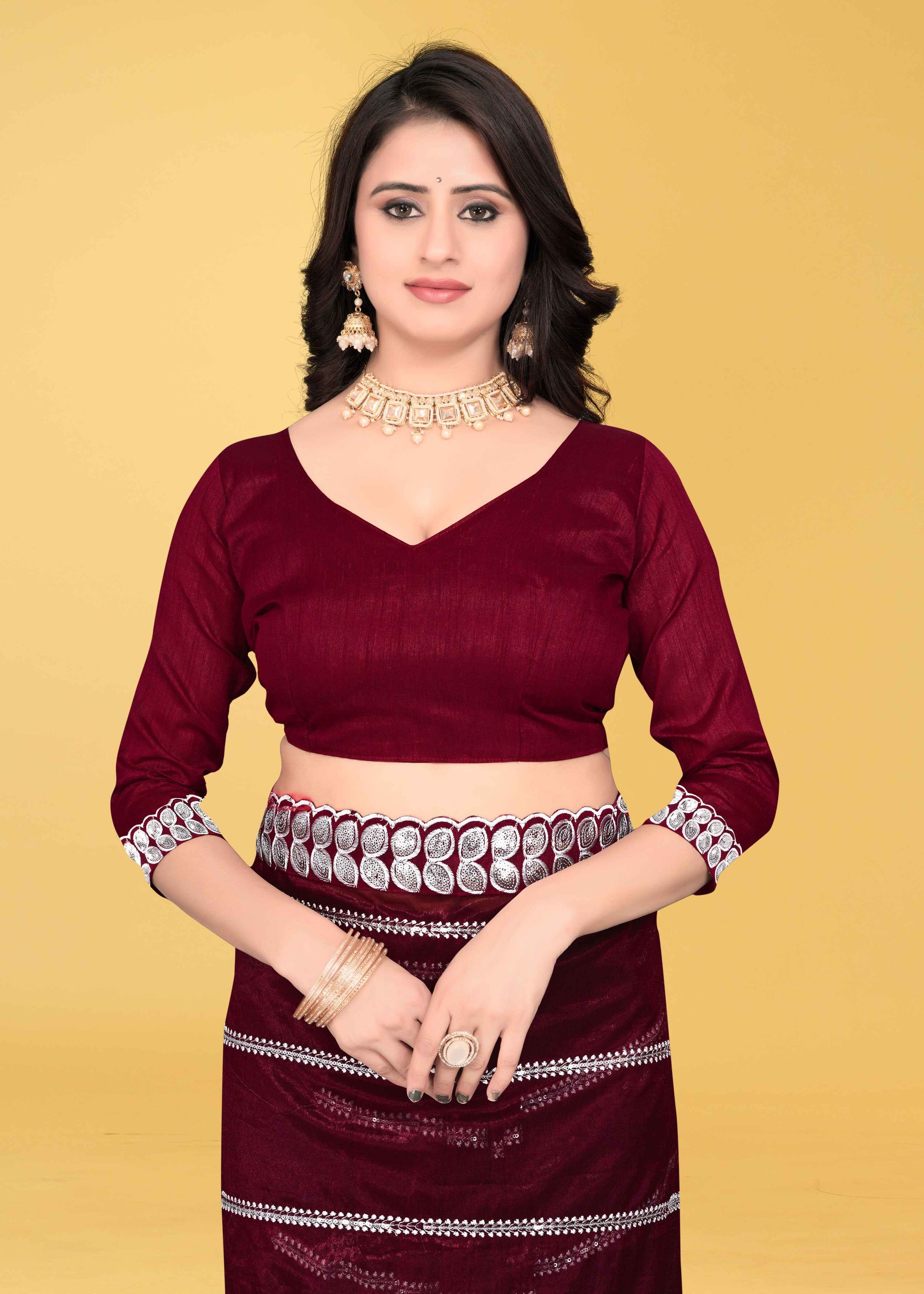 Stylish Lycra Blend Saree with Sequins & Lace Detailing – Avirat Designer Studio
