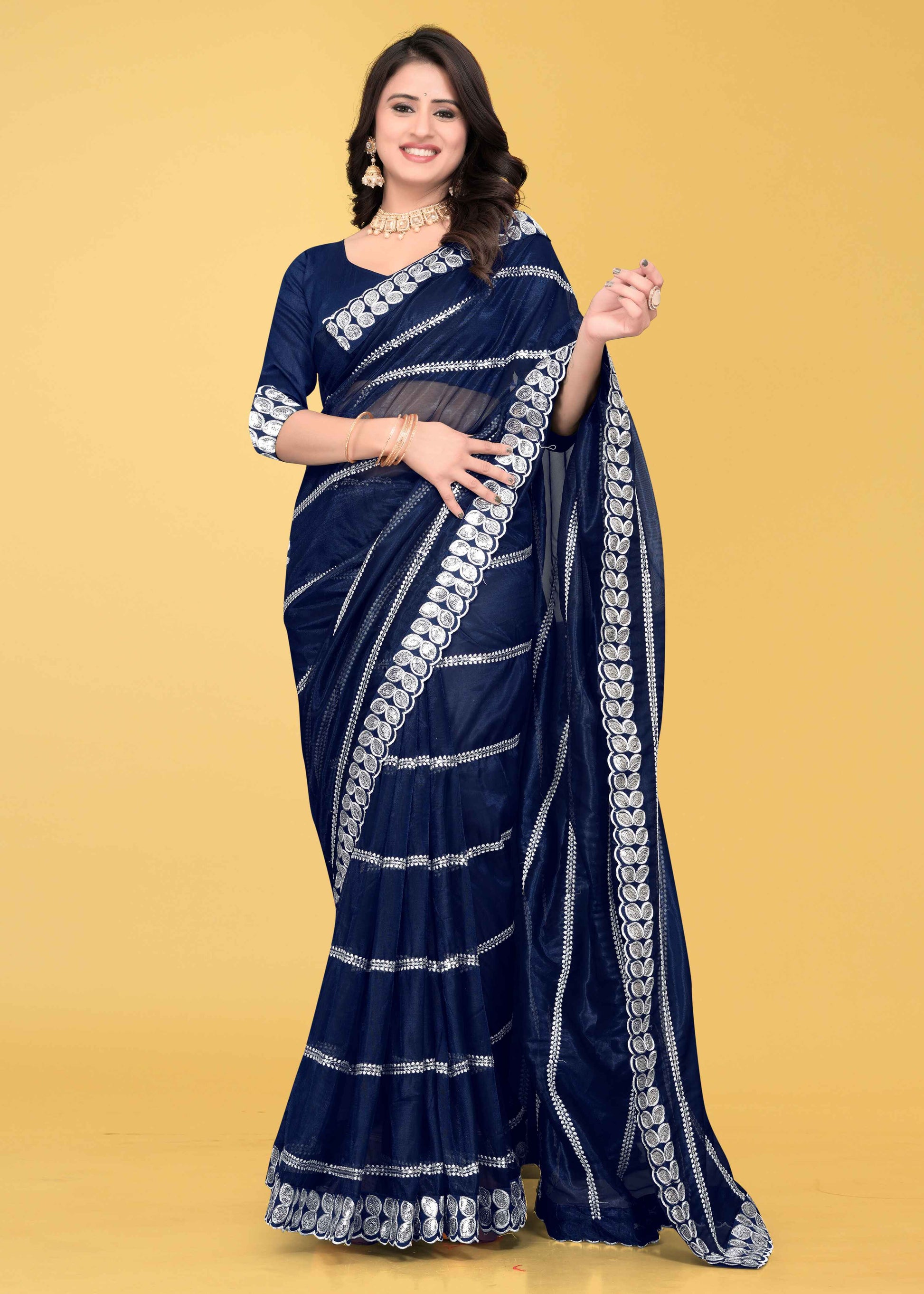 Stylish Lycra Blend Saree with Sequins & Lace Detailing – Avirat Designer Studio