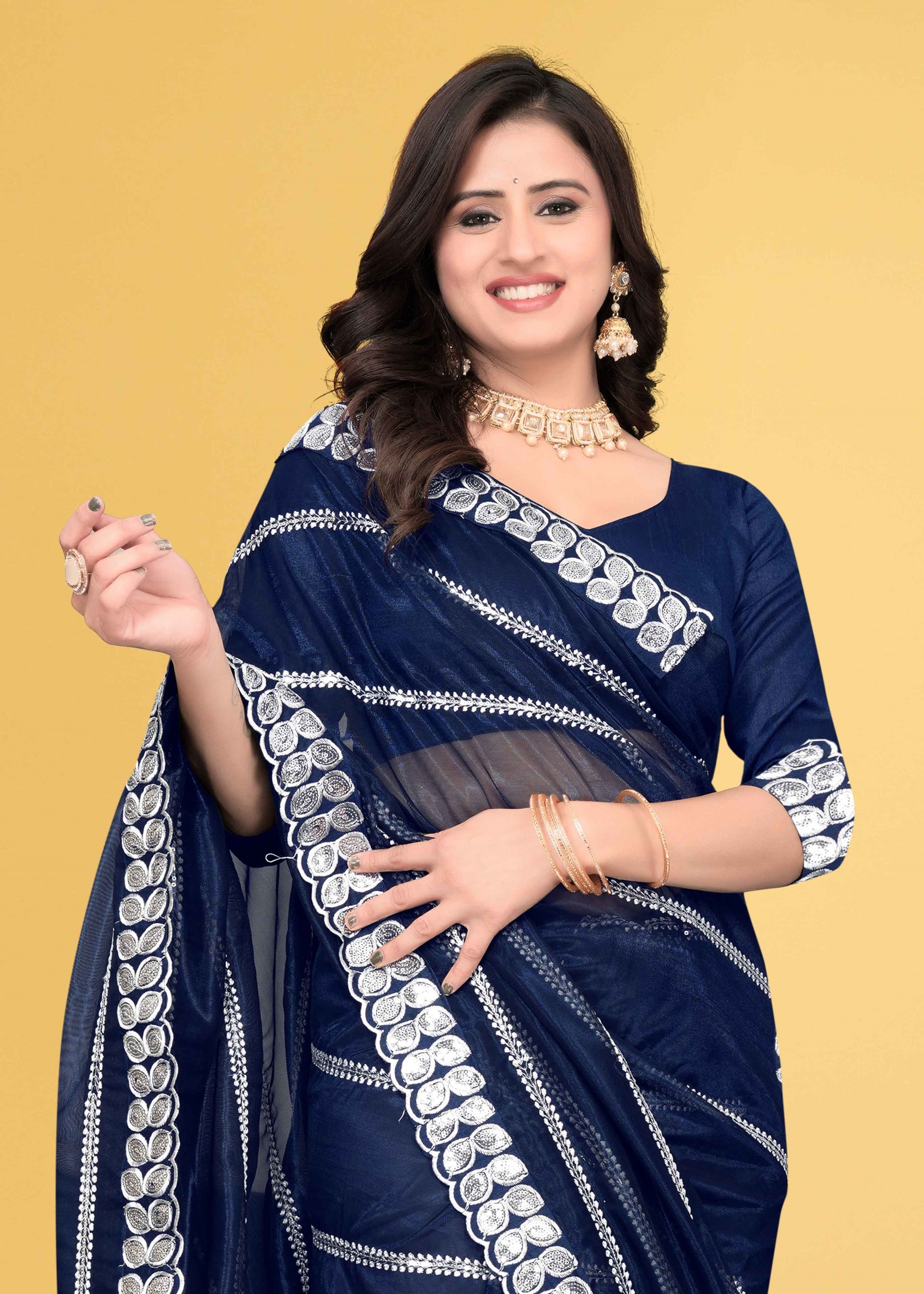 Stylish Lycra Blend Saree with Sequins & Lace Detailing – Avirat Designer Studio