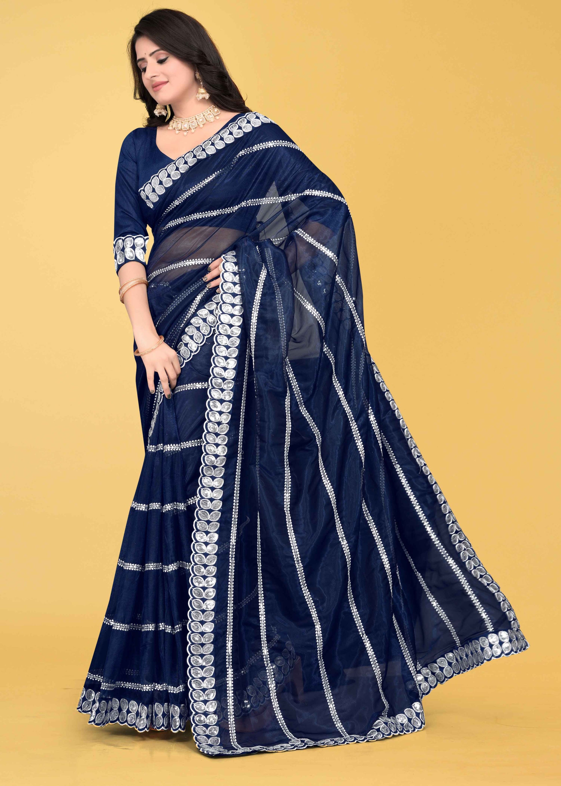 Stylish Lycra Blend Saree with Sequins & Lace Detailing – Avirat Designer Studio
