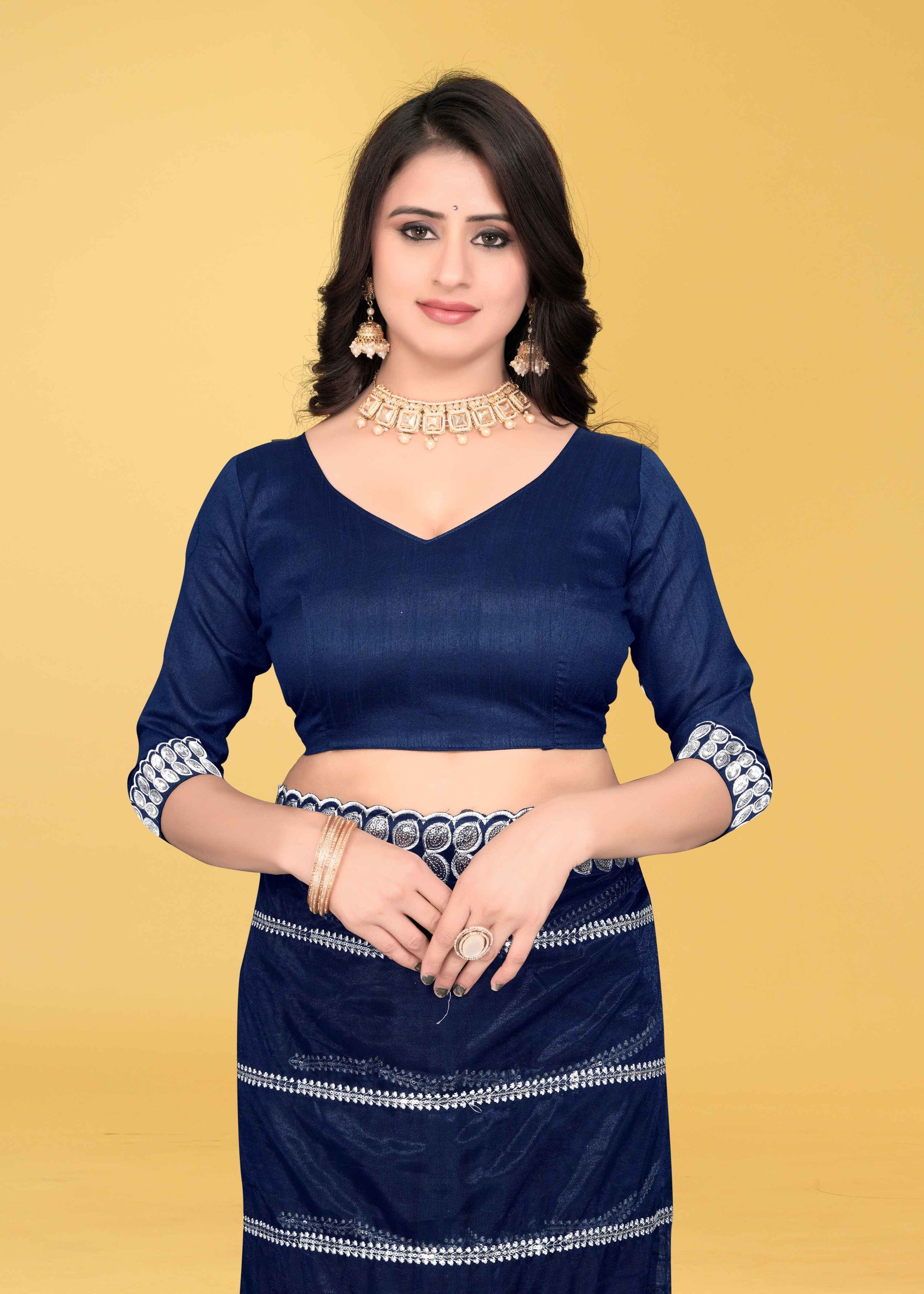 Stylish Lycra Blend Saree with Sequins & Lace Detailing – Avirat Designer Studio