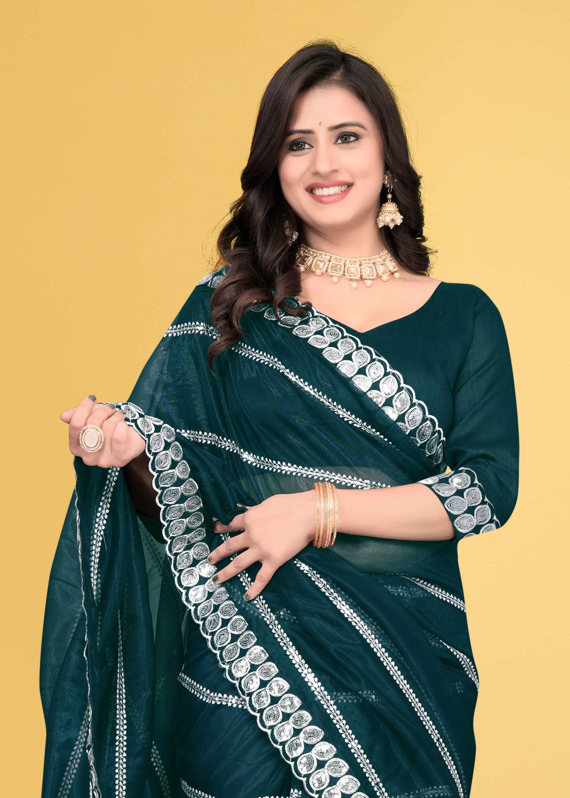 Stylish Lycra Blend Saree with Sequins & Lace Detailing – Avirat Designer Studio