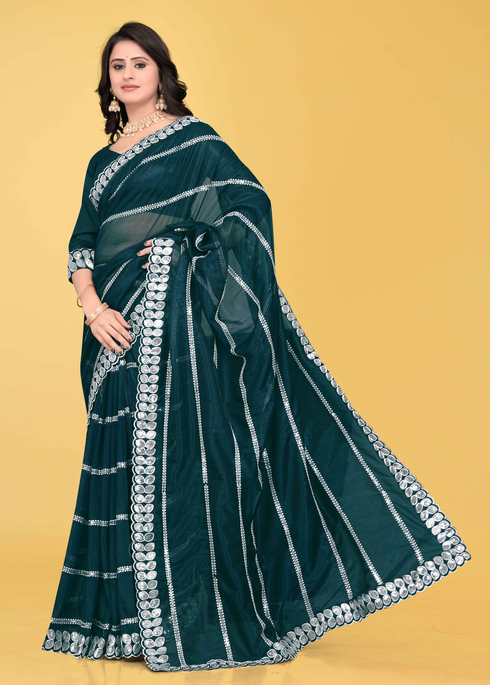 Stylish Lycra Blend Saree with Sequins & Lace Detailing – Avirat Designer Studio