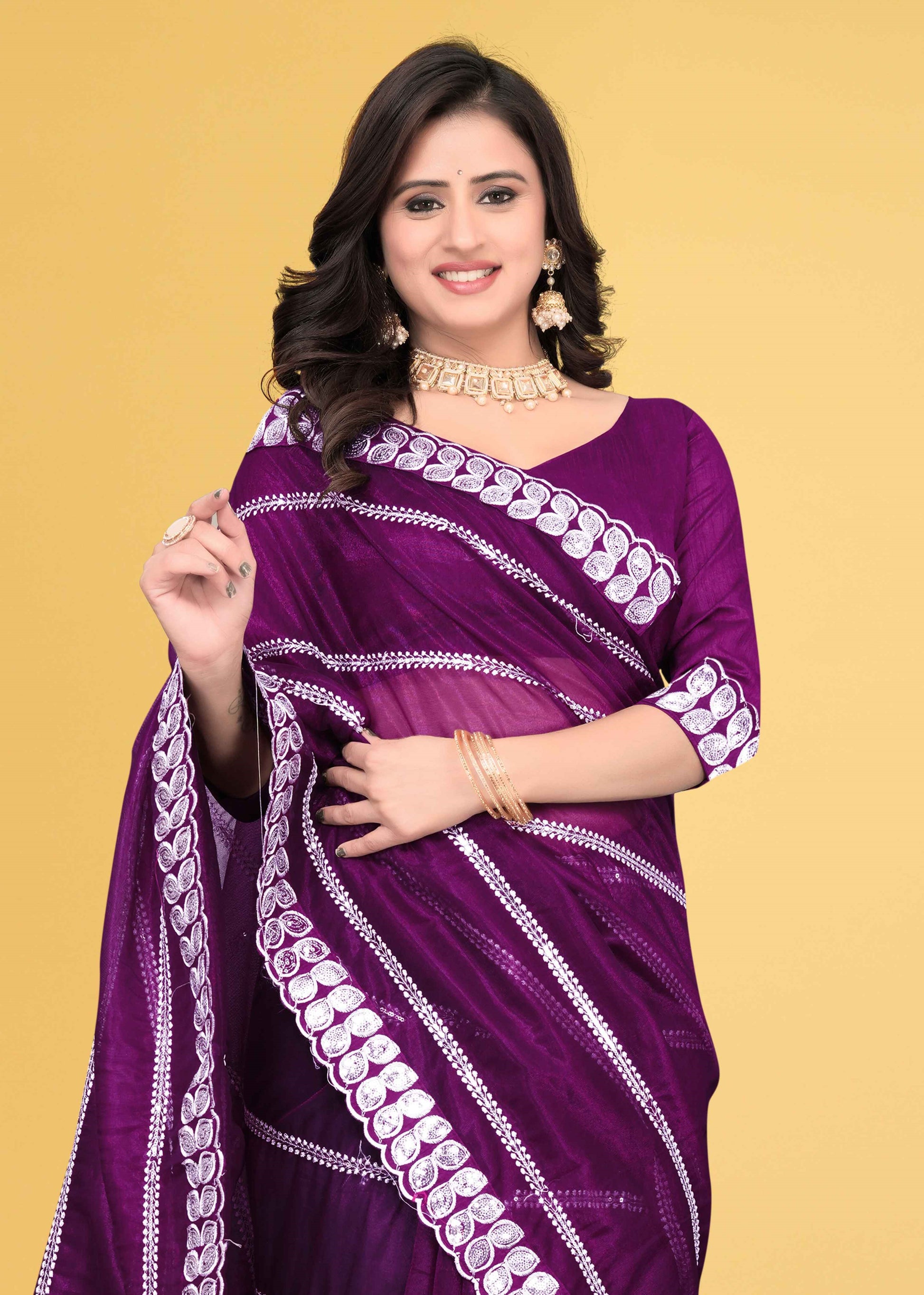 Stylish Lycra Blend Saree with Sequins & Lace Detailing – Avirat Designer Studio