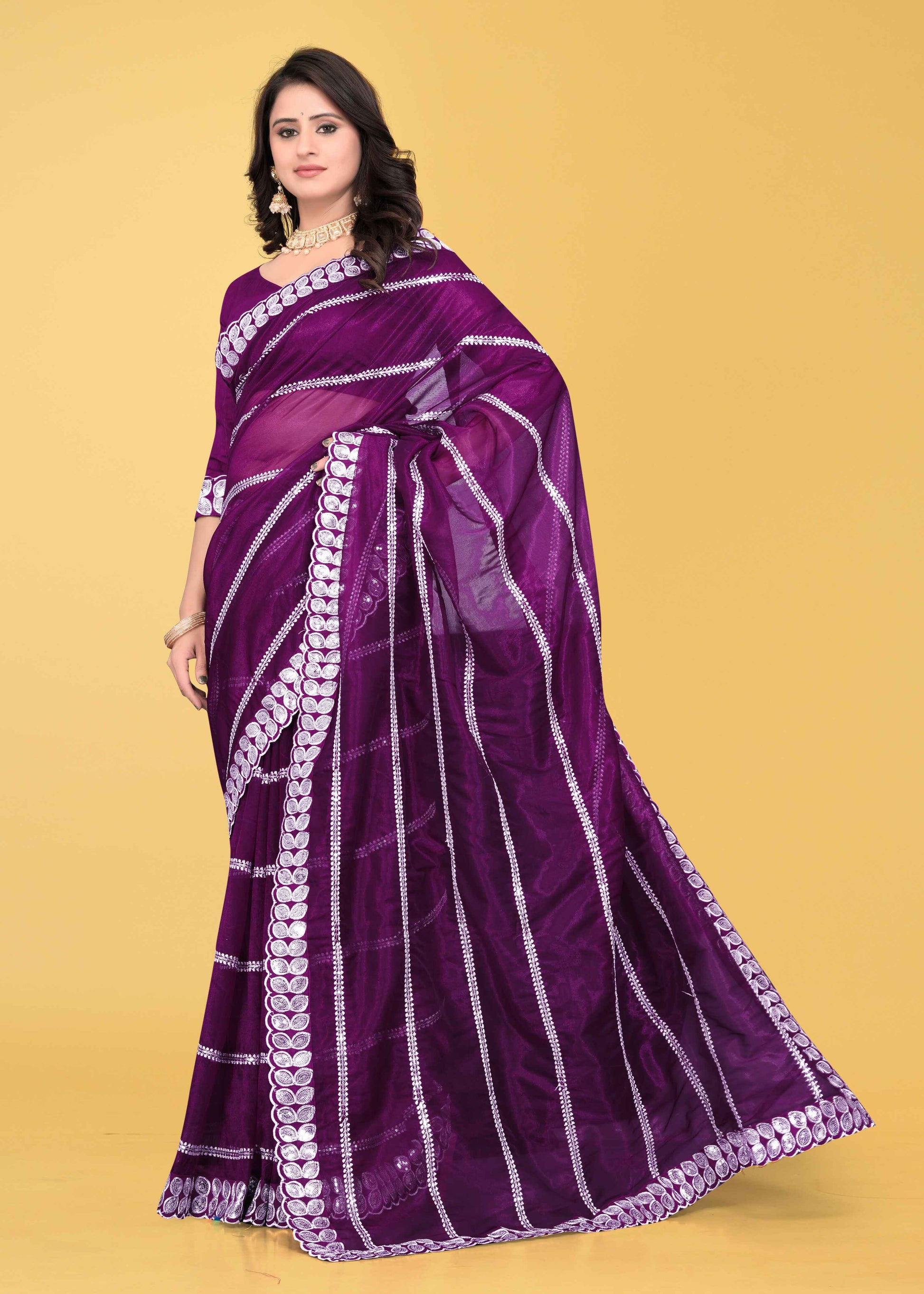 Stylish Lycra Blend Saree with Sequins & Lace Detailing – Avirat Designer Studio