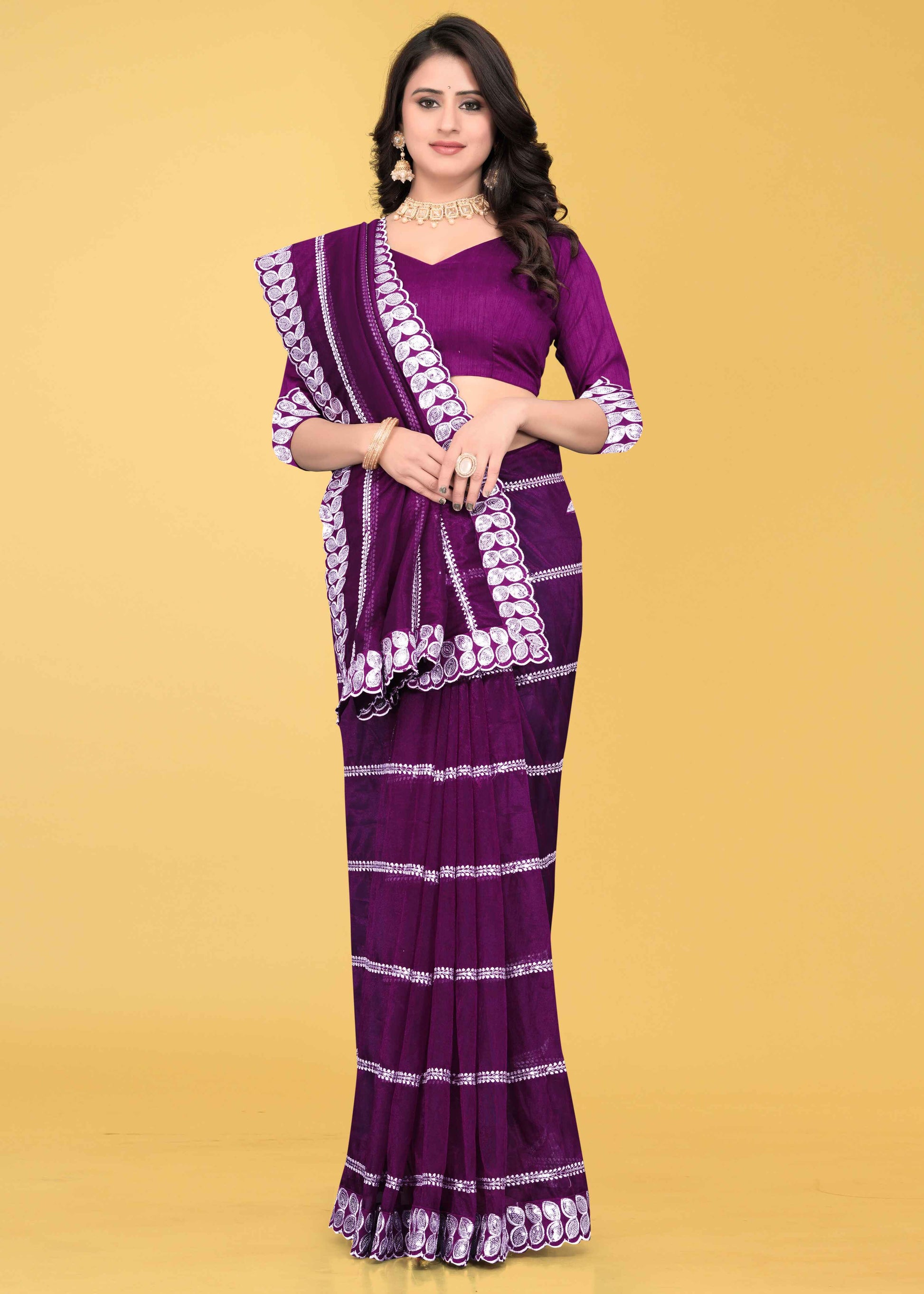 Stylish Lycra Blend Saree with Sequins & Lace Detailing – Avirat Designer Studio