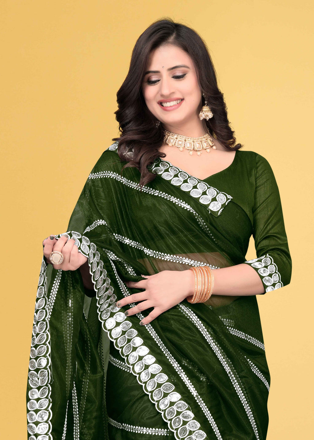Stylish Lycra Blend Saree with Sequins & Lace Detailing – Avirat Designer Studio