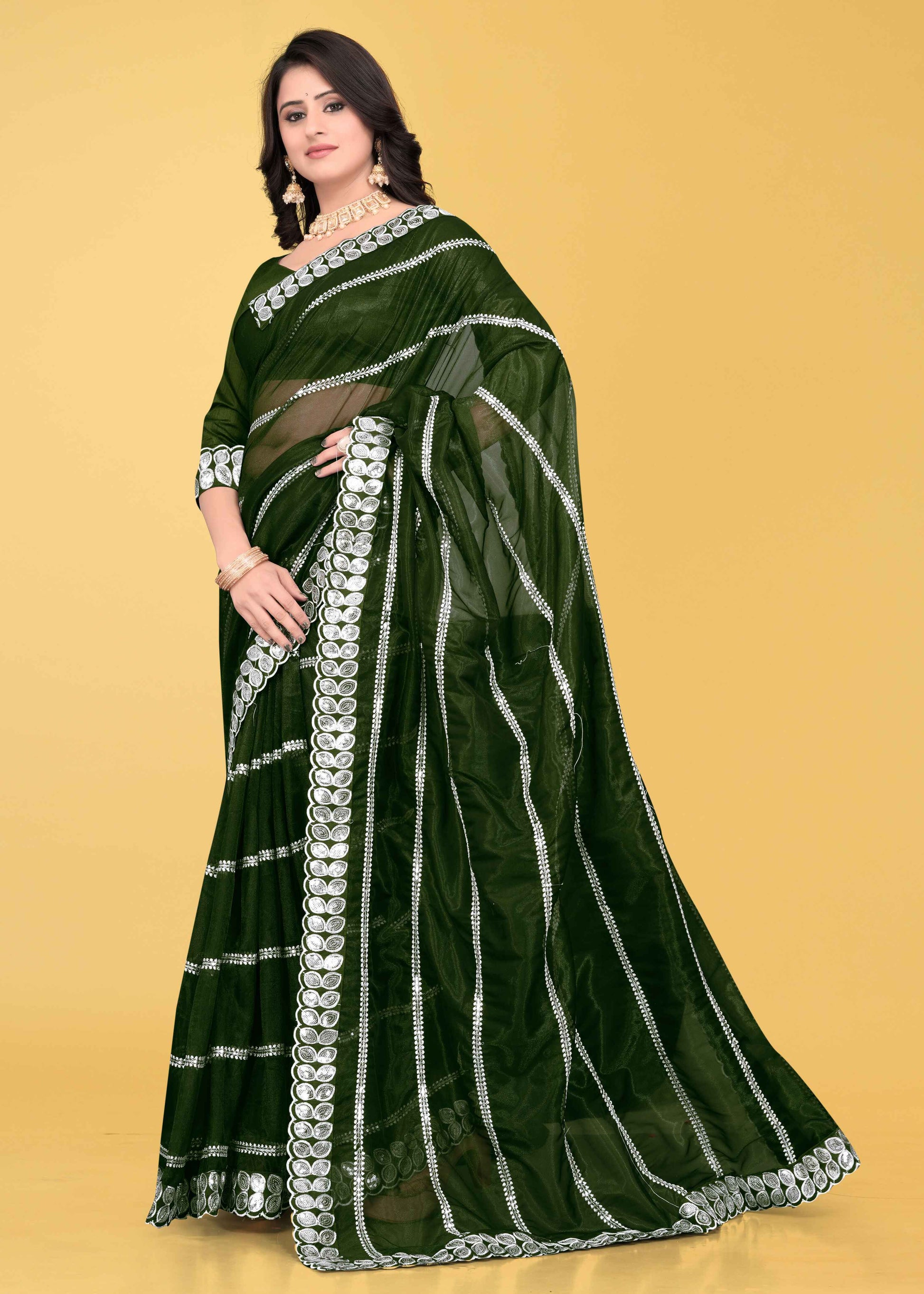 Stylish Lycra Blend Saree with Sequins & Lace Detailing – Avirat Designer Studio
