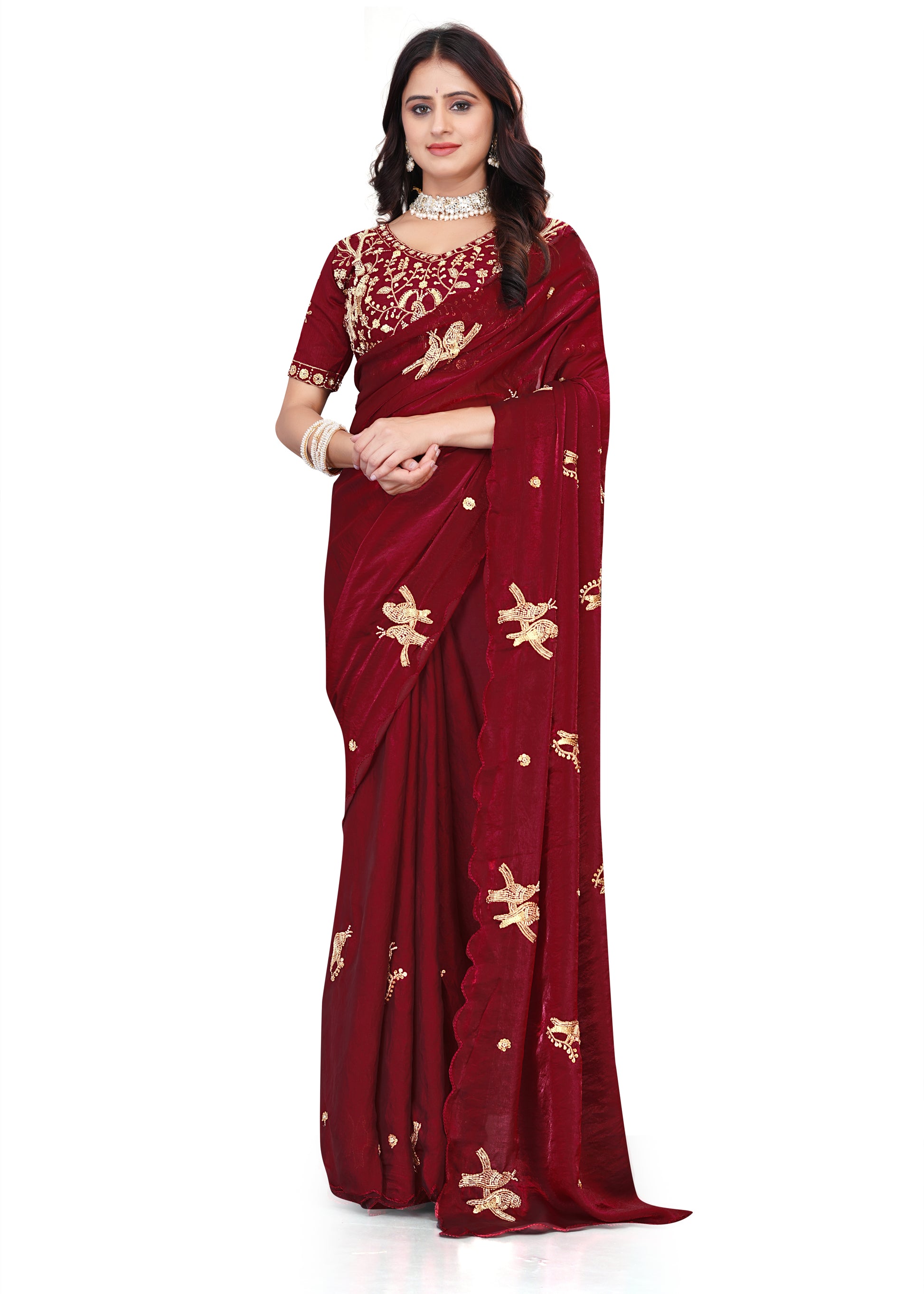 Heavy Zari Work Festive Saree with Detailed Hand-Placed Bead Embroidery - Maroon