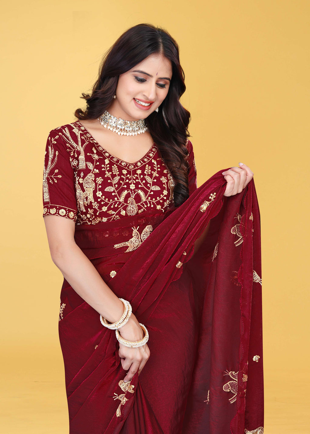 G-Heavy Zari Work Festive Saree with Detailed Hand-Placed Bead Embroidery