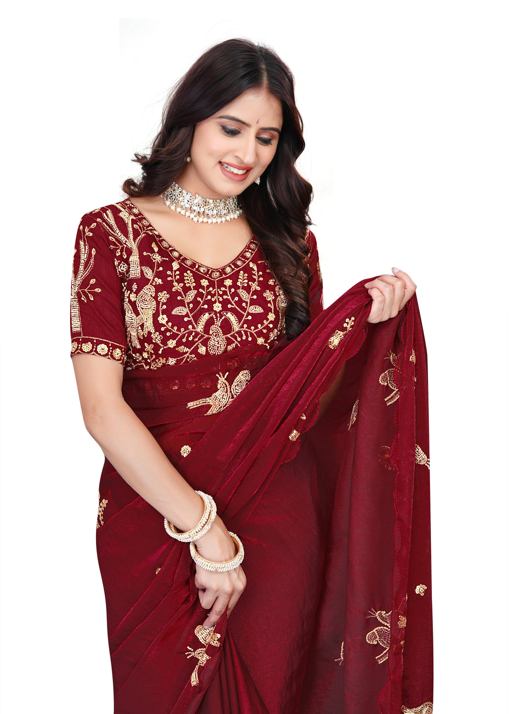 Heavy Zari Work Festive Saree with Detailed Hand-Placed Bead Embroidery - Maroon