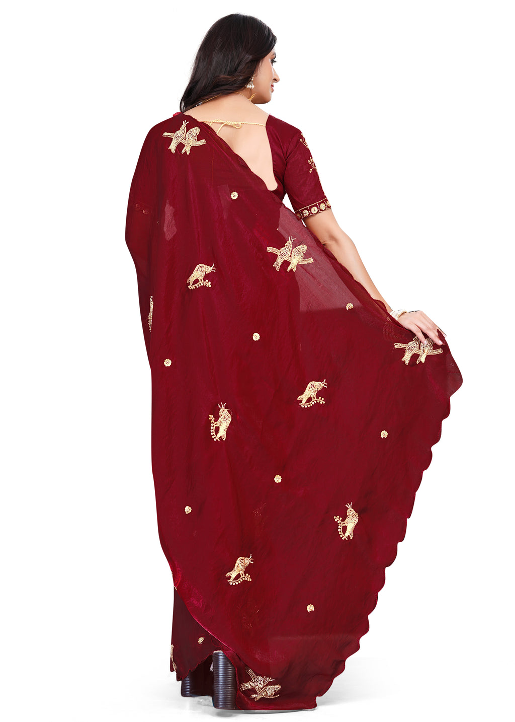 Heavy Zari Work Festive Saree with Detailed Hand-Placed Bead Embroidery - Maroon