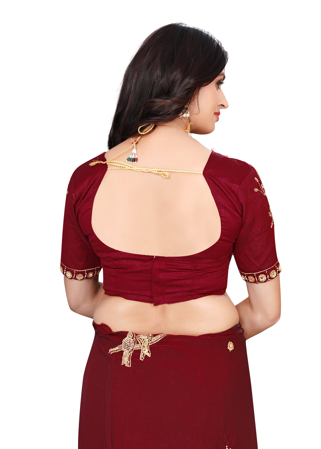 Heavy Zari Work Festive Saree with Detailed Hand-Placed Bead Embroidery - Maroon