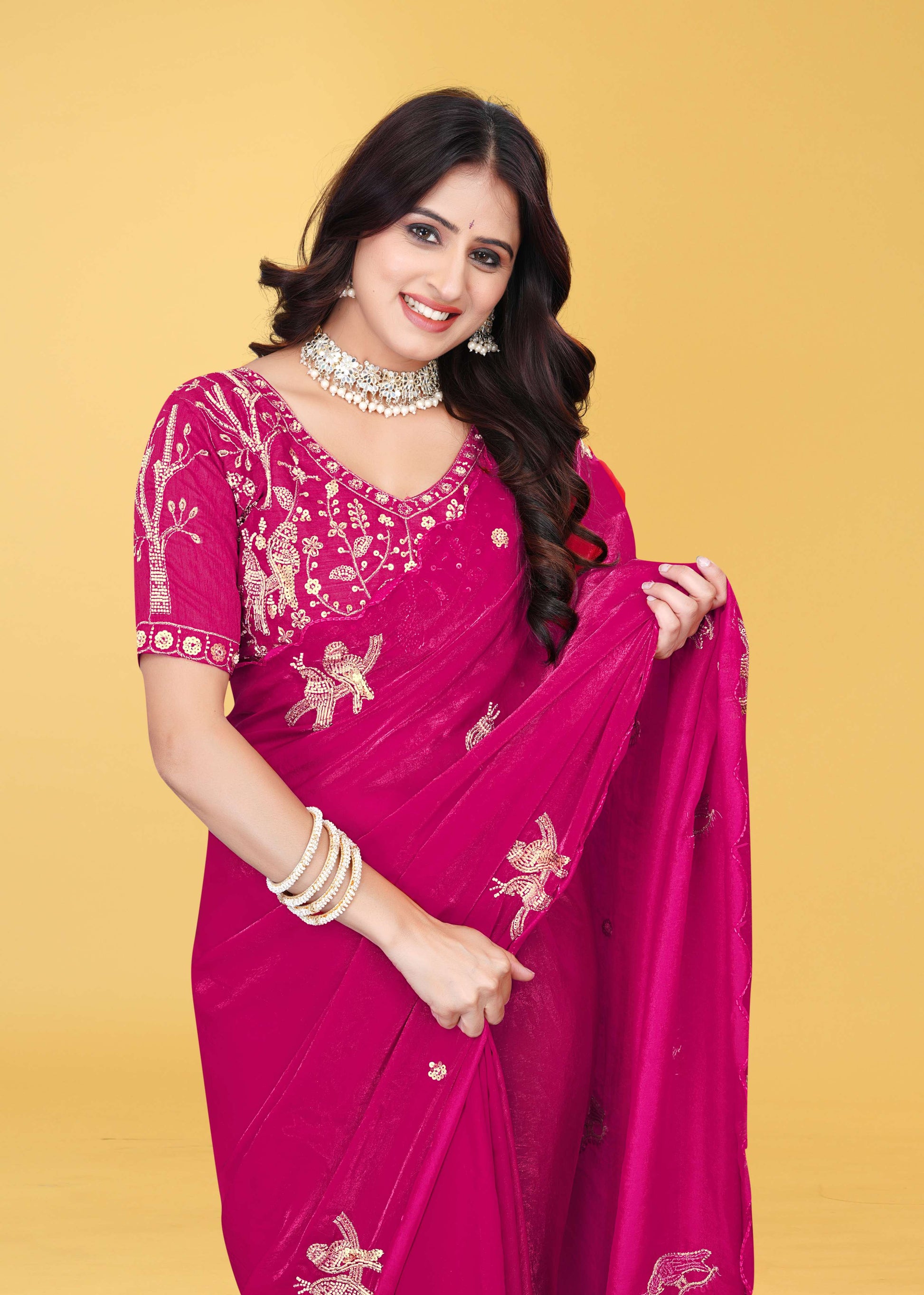 G-Heavy Zari Work Festive Saree with Detailed Hand-Placed Bead Embroidery