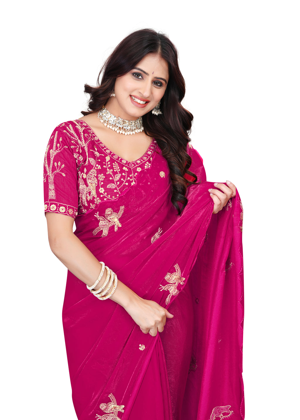 Heavy Zari Work Festive Saree with Detailed Hand-Placed Bead Embroidery - Pink