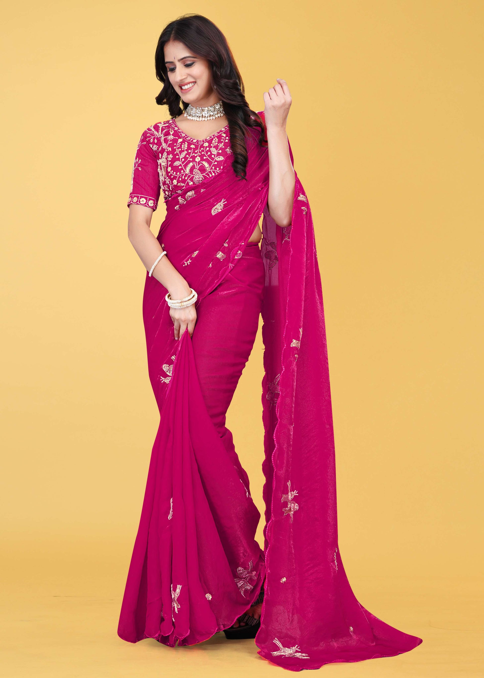 G-Heavy Zari Work Festive Saree with Detailed Hand-Placed Bead Embroidery