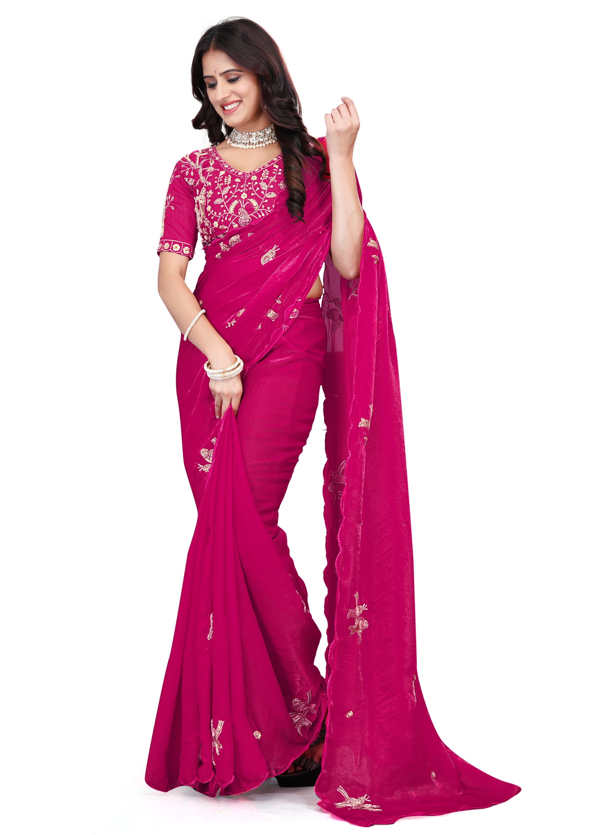 Heavy Zari Work Festive Saree with Detailed Hand-Placed Bead Embroidery - Pink