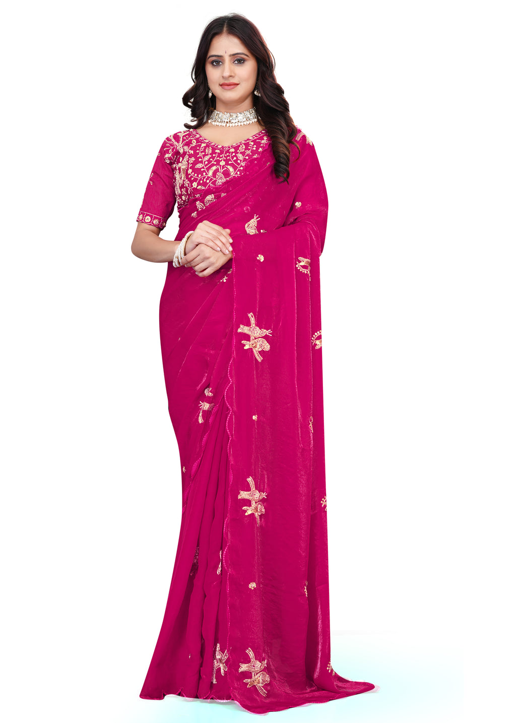 Heavy Zari Work Festive Saree with Detailed Hand-Placed Bead Embroidery - Pink