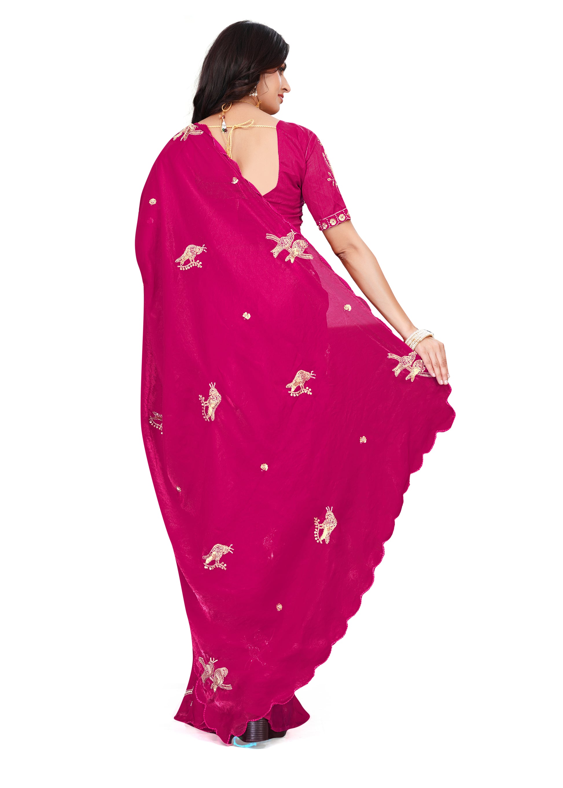 Heavy Zari Work Festive Saree with Detailed Hand-Placed Bead Embroidery - Pink