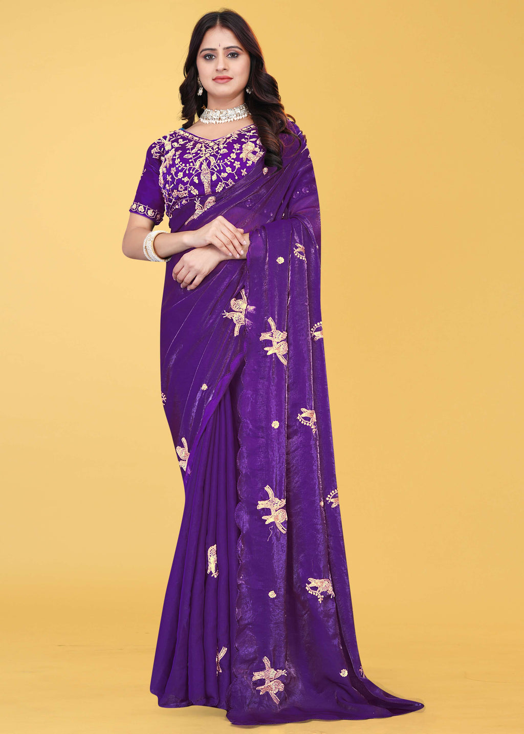 G-Heavy Zari Work Festive Saree with Detailed Hand-Placed Bead Embroidery