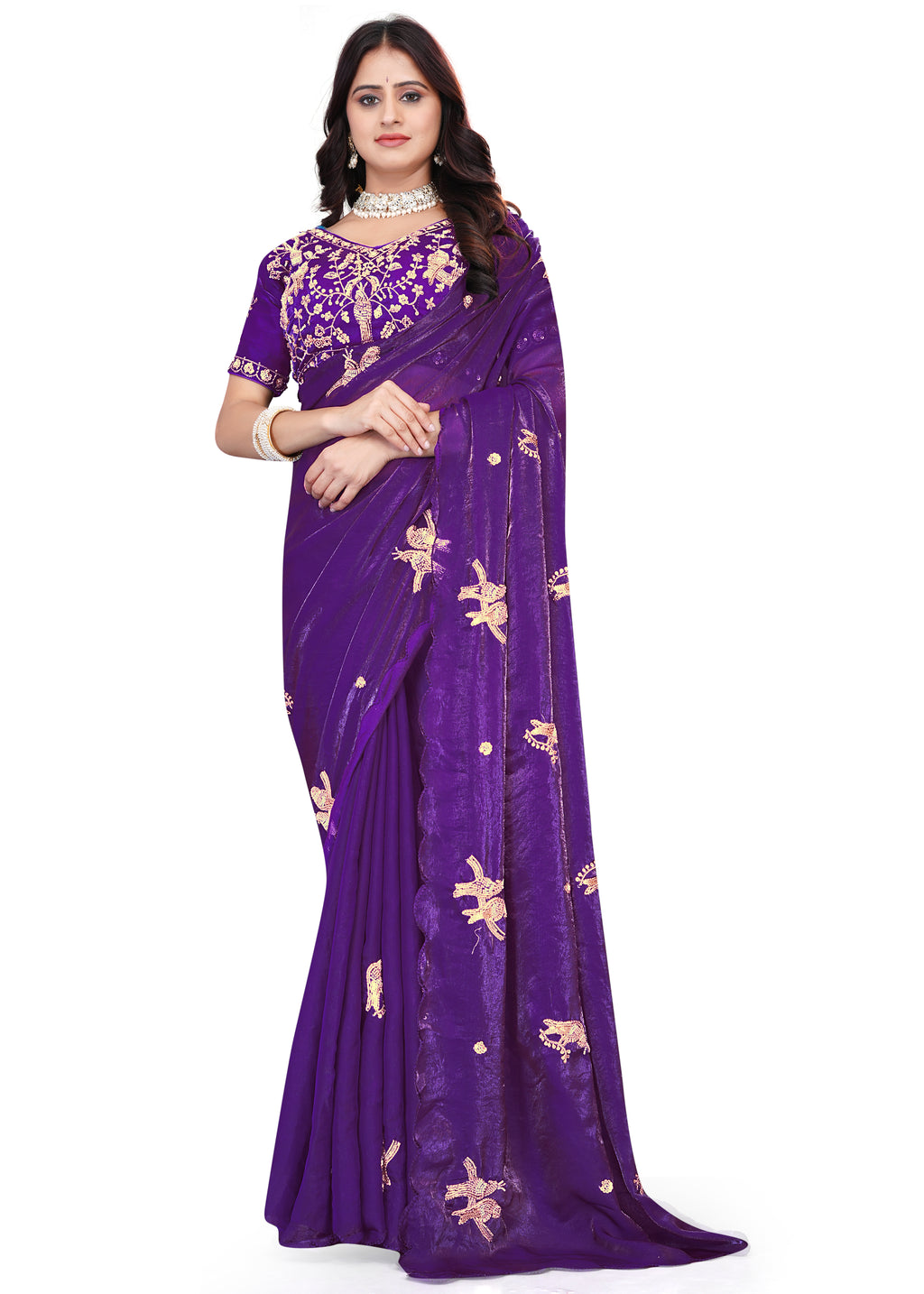 Heavy Zari Work Festive Saree with Detailed Hand-Placed Bead Embroidery - Light Purple