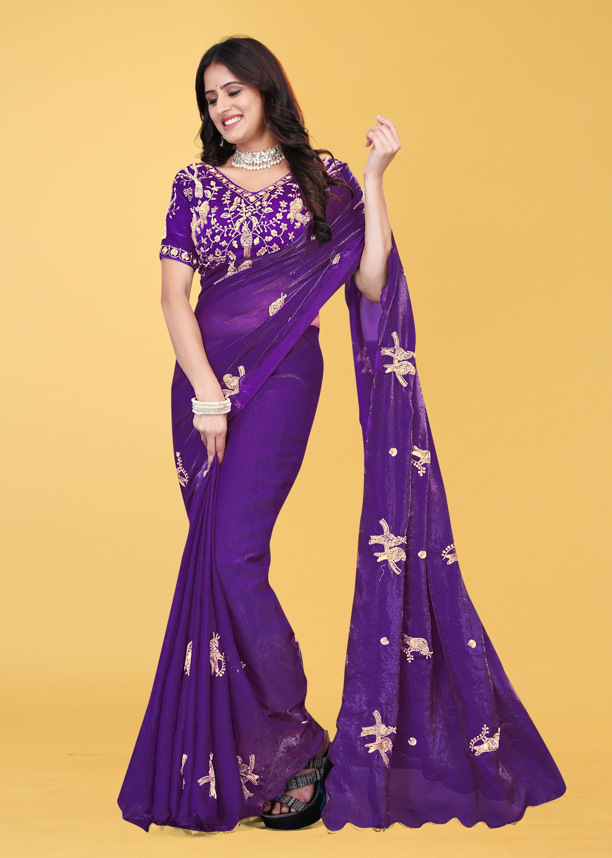 G-Heavy Zari Work Festive Saree with Detailed Hand-Placed Bead Embroidery