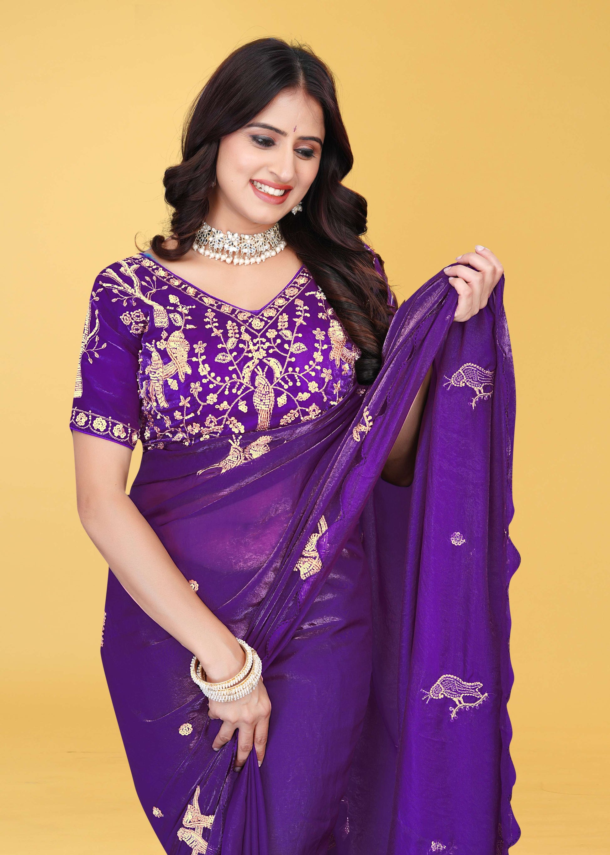 G-Heavy Zari Work Festive Saree with Detailed Hand-Placed Bead Embroidery