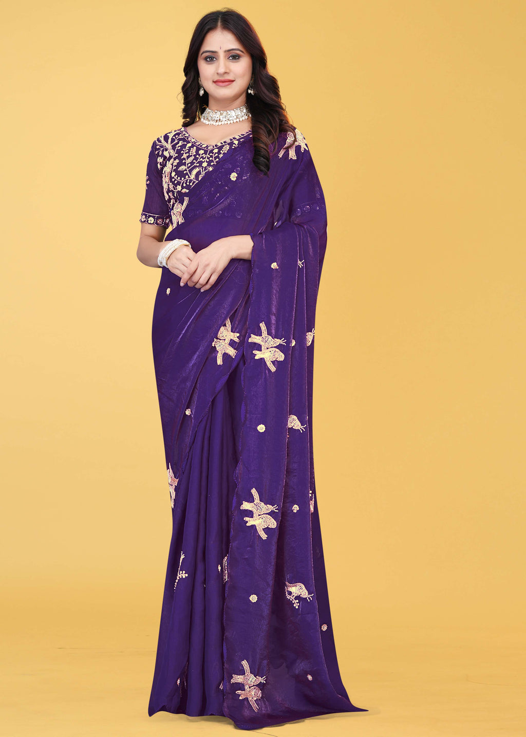 G-Heavy Zari Work Festive Saree with Detailed Hand-Placed Bead Embroidery
