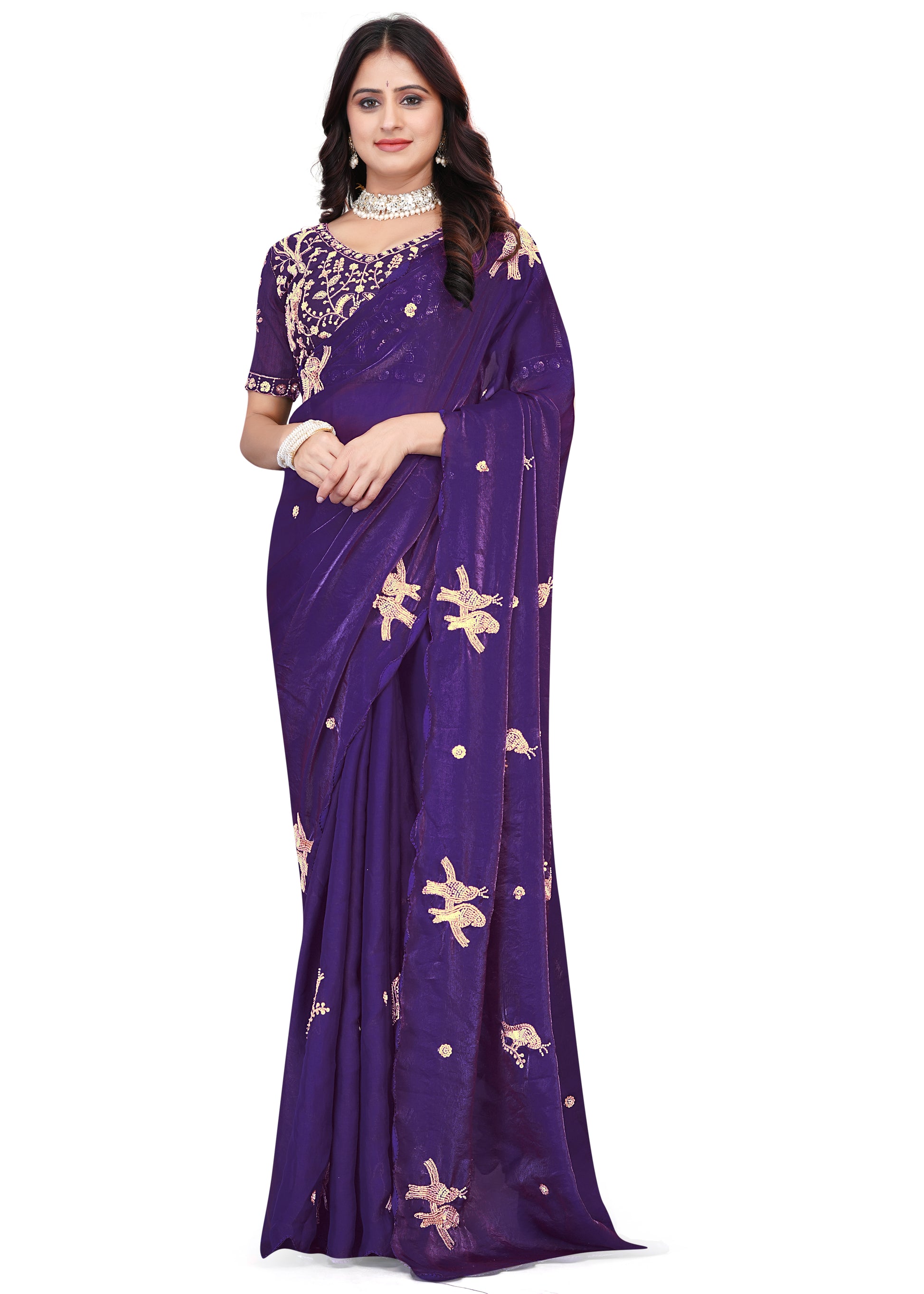 Heavy Zari Work Festive Saree with Detailed Hand-Placed Bead Embroidery - Dark Purple