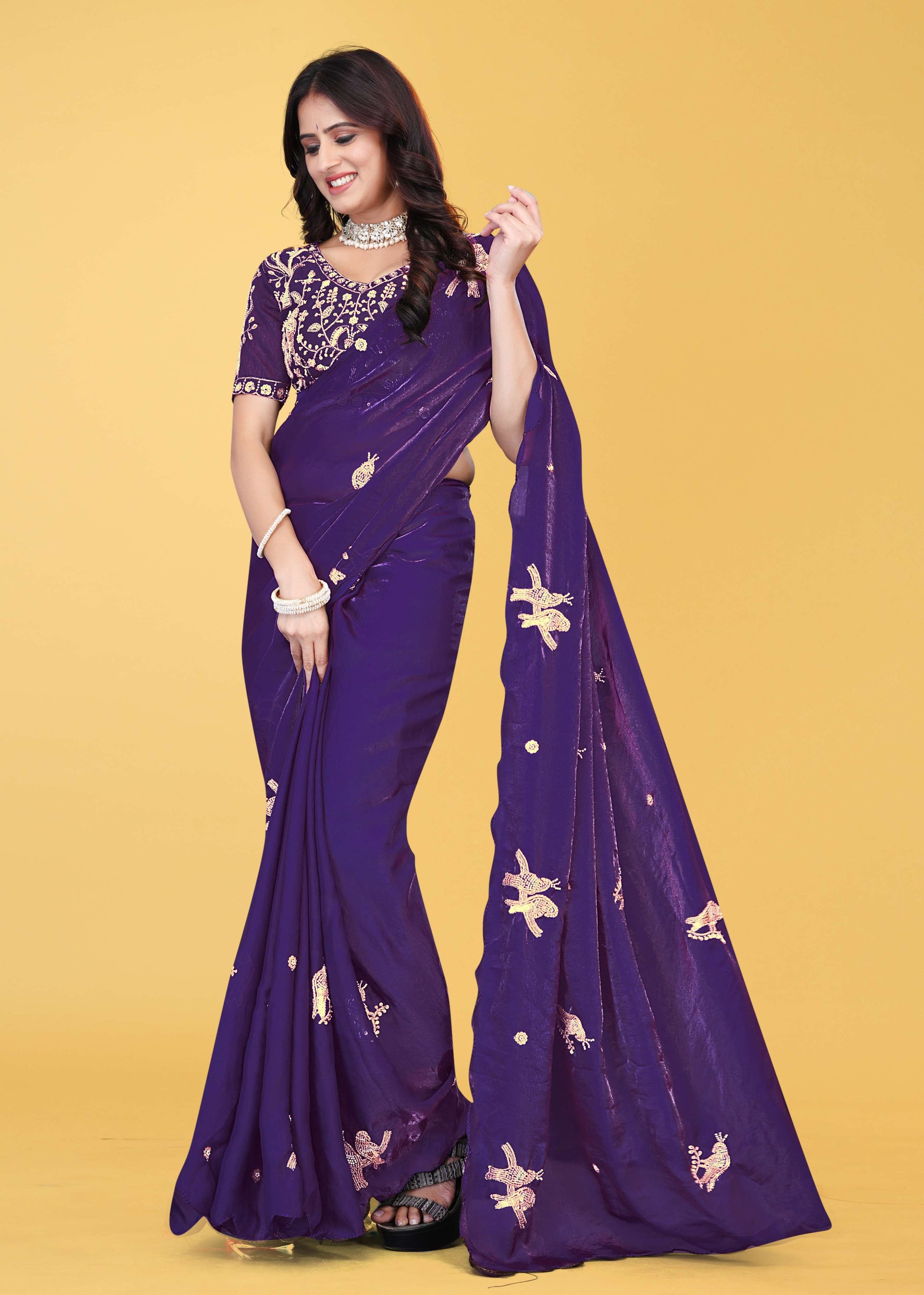 G-Heavy Zari Work Festive Saree with Detailed Hand-Placed Bead Embroidery