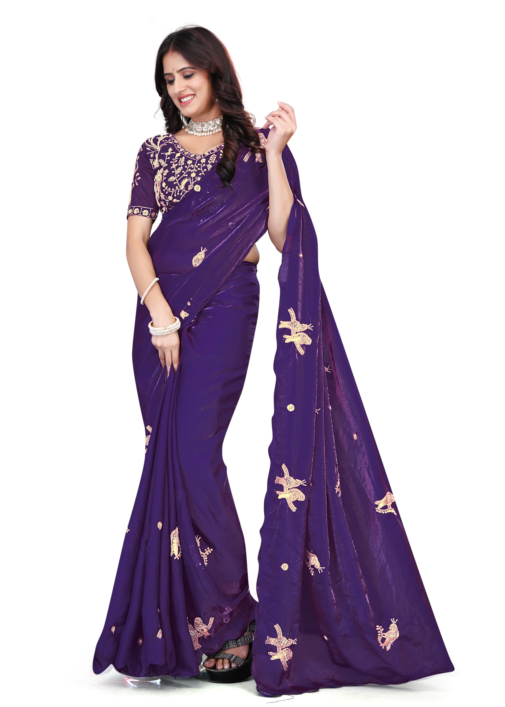 Heavy Zari Work Festive Saree with Detailed Hand-Placed Bead Embroidery - Dark Purple