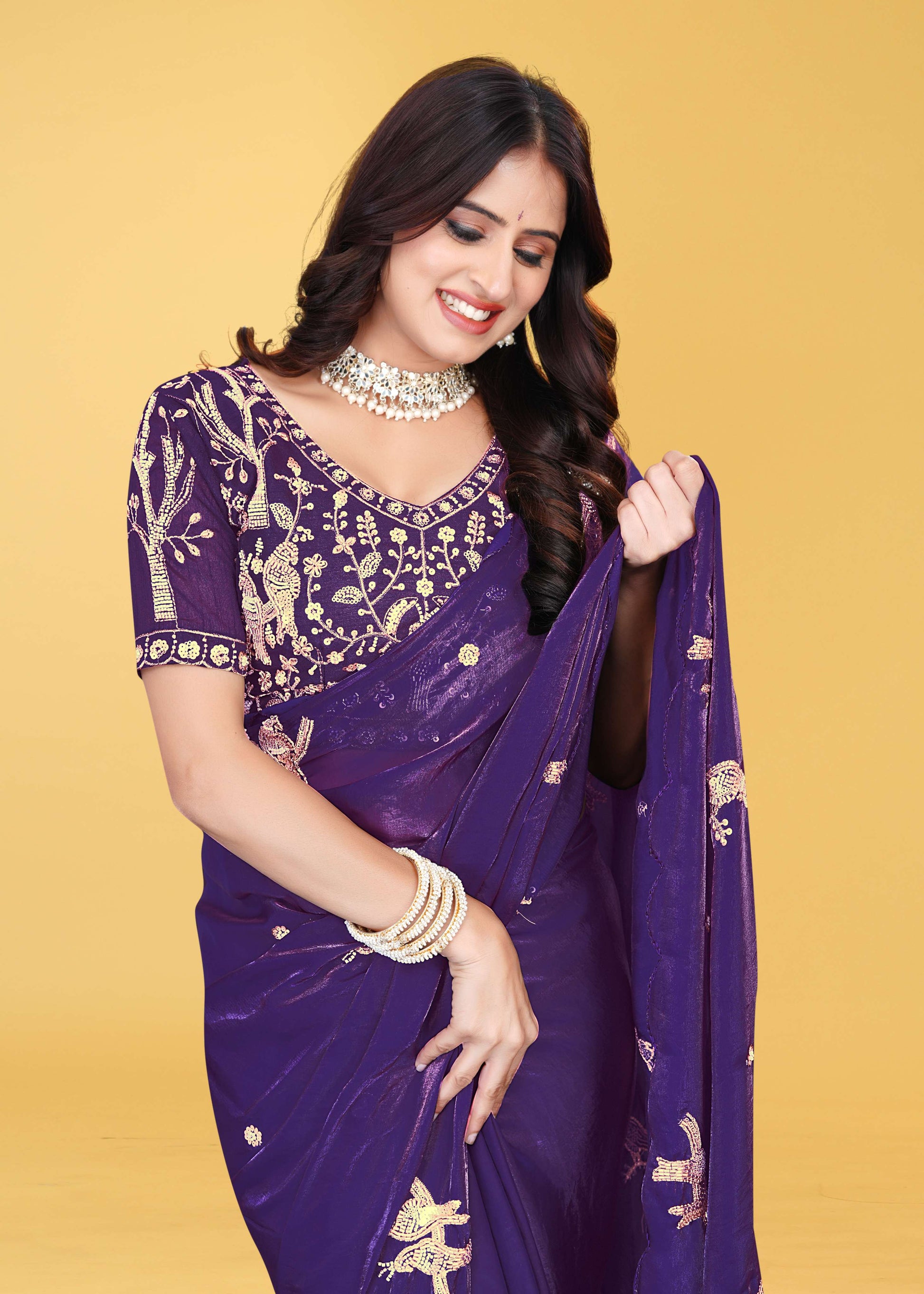 G-Heavy Zari Work Festive Saree with Detailed Hand-Placed Bead Embroidery