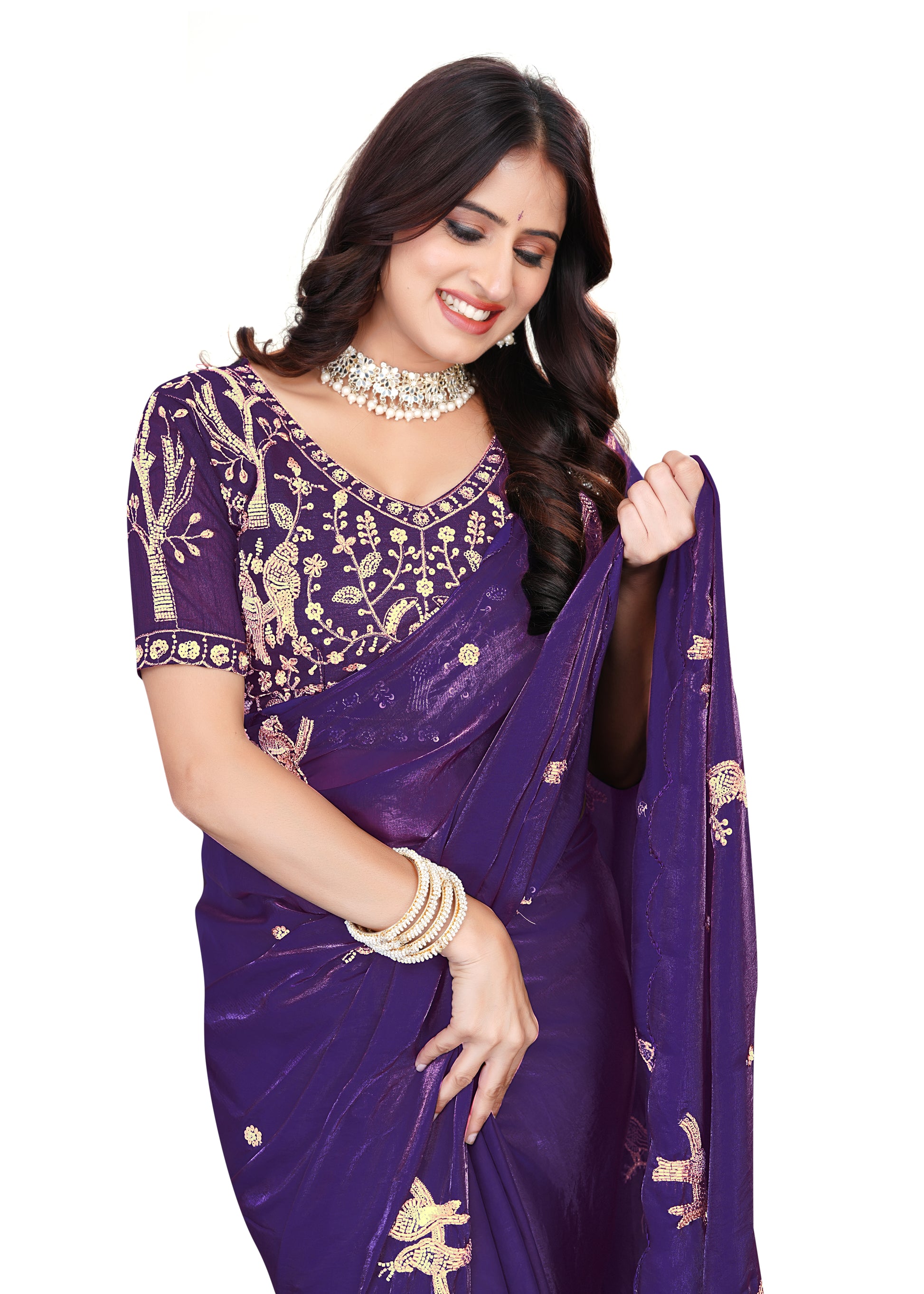 Heavy Zari Work Festive Saree with Detailed Hand-Placed Bead Embroidery - Dark Purple
