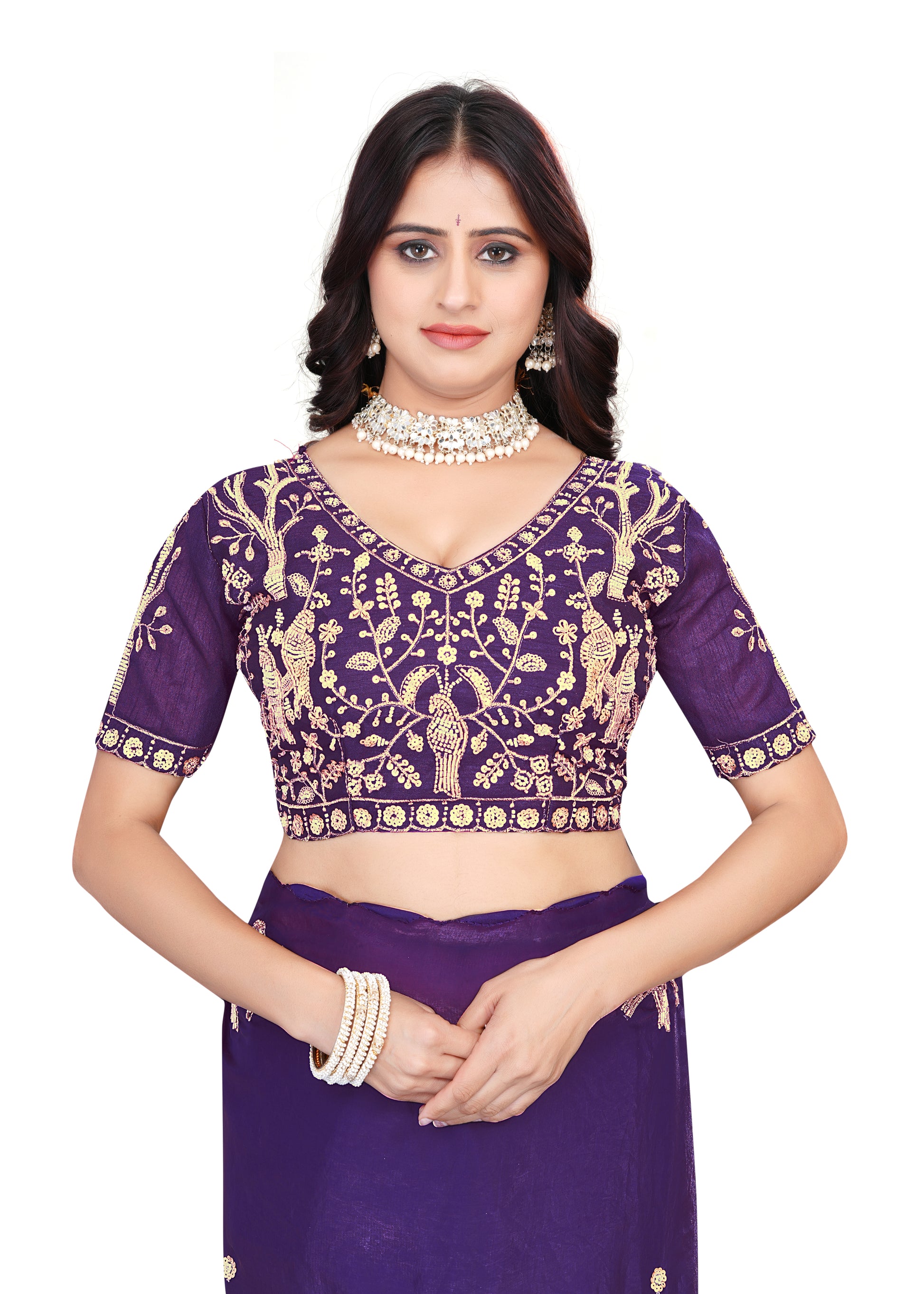 Heavy Zari Work Festive Saree with Detailed Hand-Placed Bead Embroidery - Dark Purple
