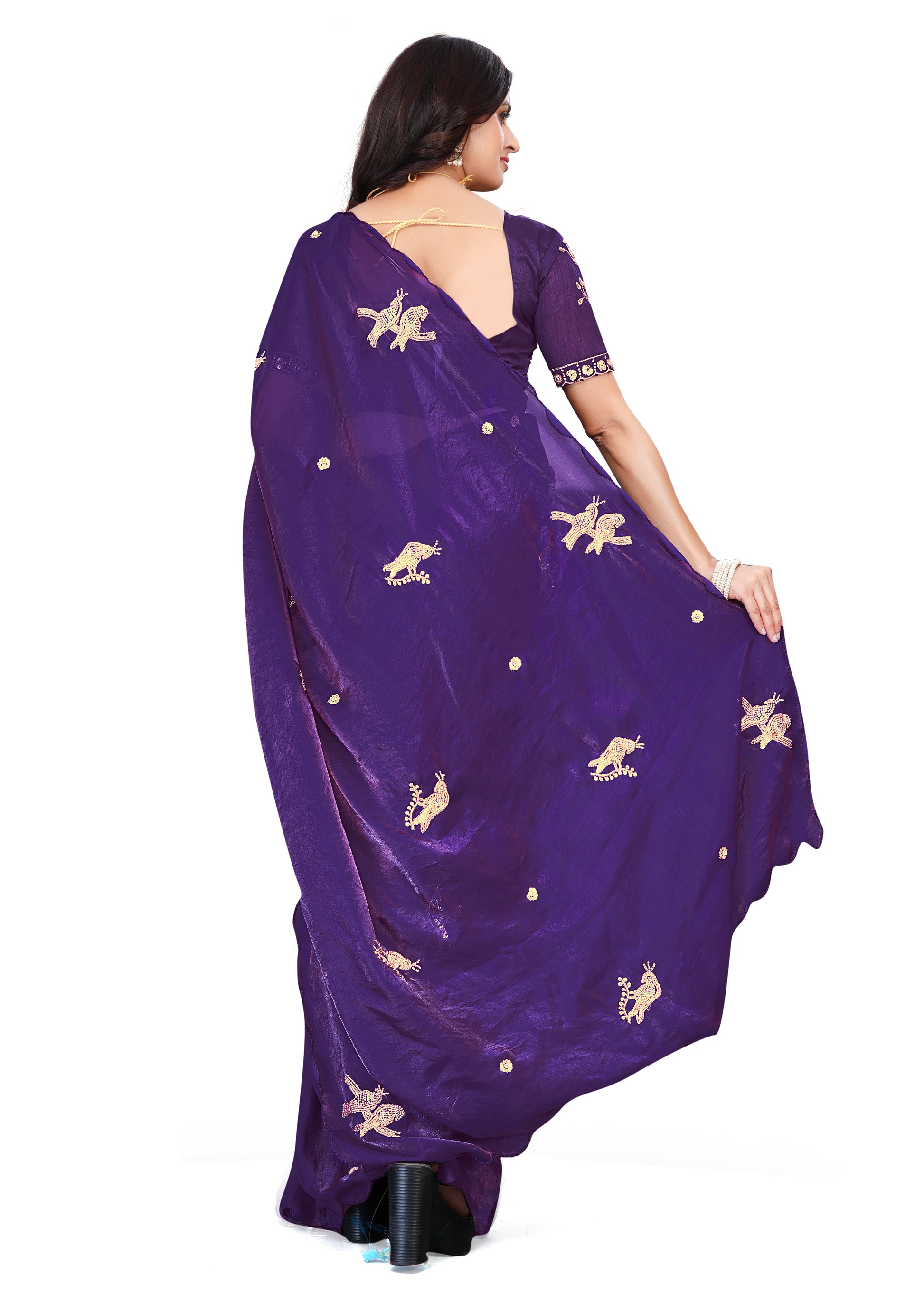 Heavy Zari Work Festive Saree with Detailed Hand-Placed Bead Embroidery - Dark Purple