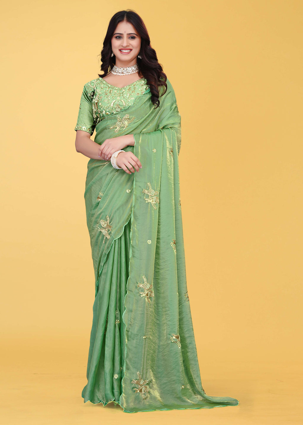 G-Heavy Zari Work Festive Saree with Detailed Hand-Placed Bead Embroidery