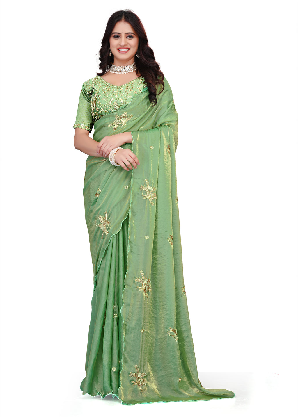 Heavy Zari Work Festive Saree with Detailed Hand-Placed Bead Embroidery - Green