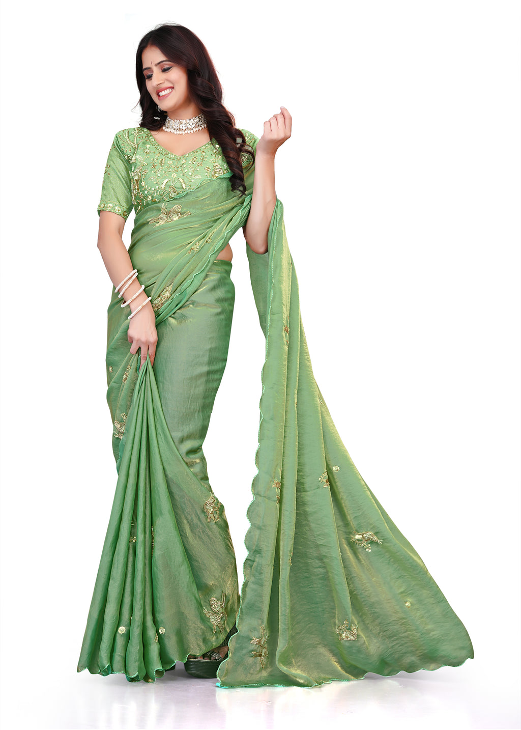 Heavy Zari Work Festive Saree with Detailed Hand-Placed Bead Embroidery - Green