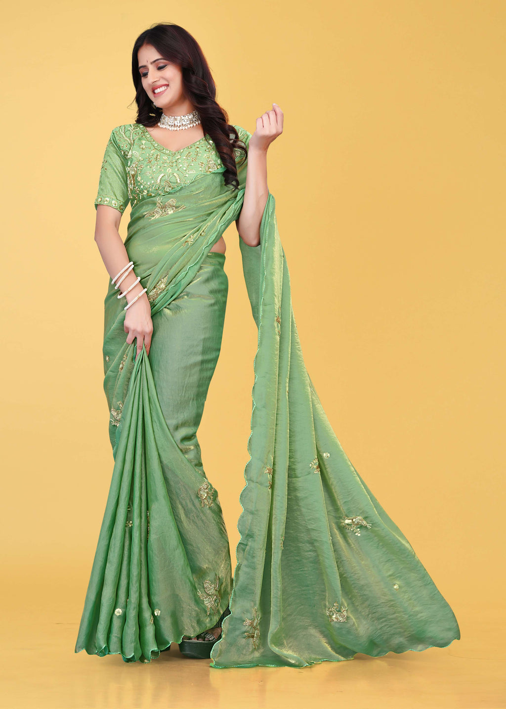 G-Heavy Zari Work Festive Saree with Detailed Hand-Placed Bead Embroidery