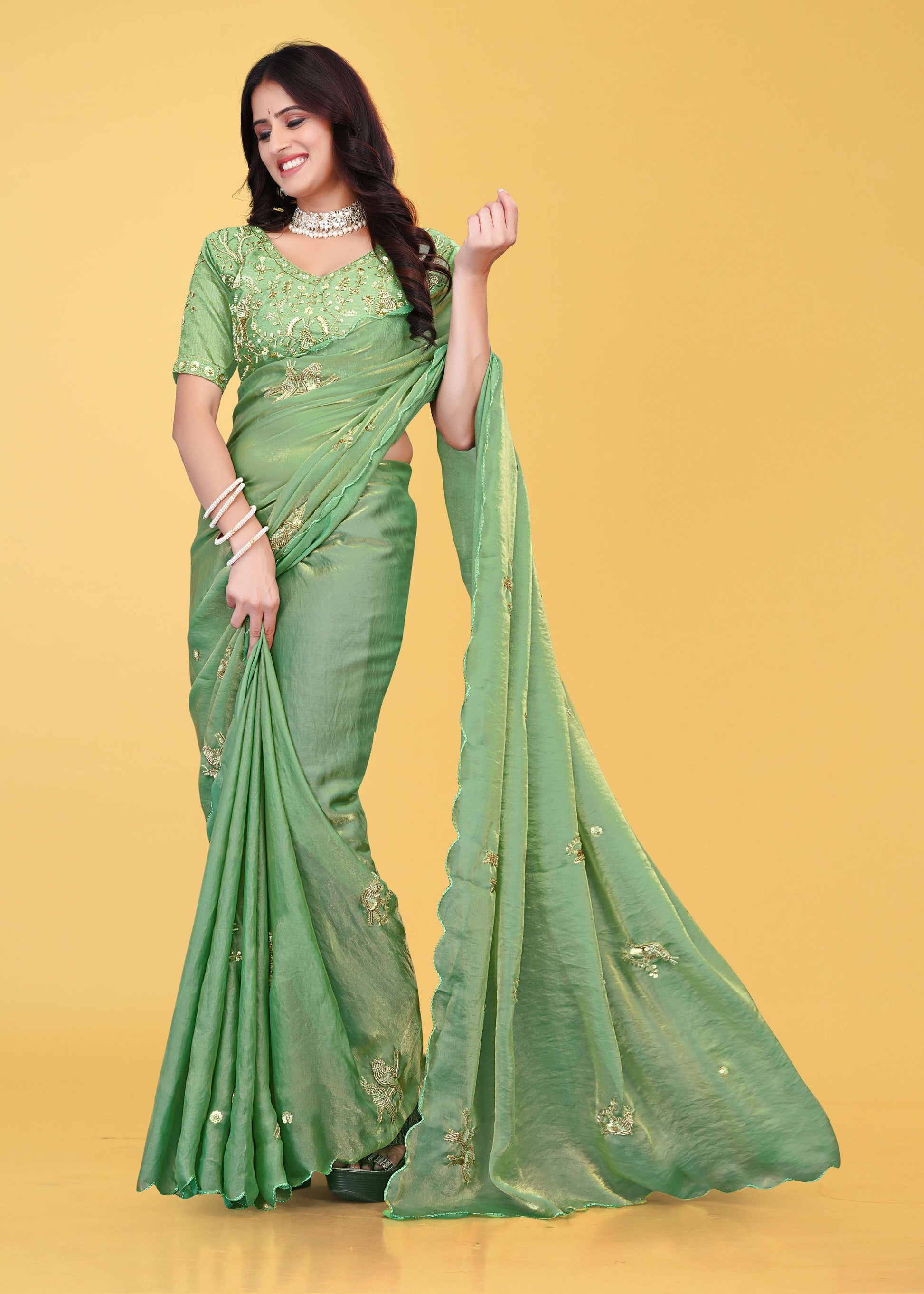 G-Heavy Zari Work Festive Saree with Detailed Hand-Placed Bead Embroidery